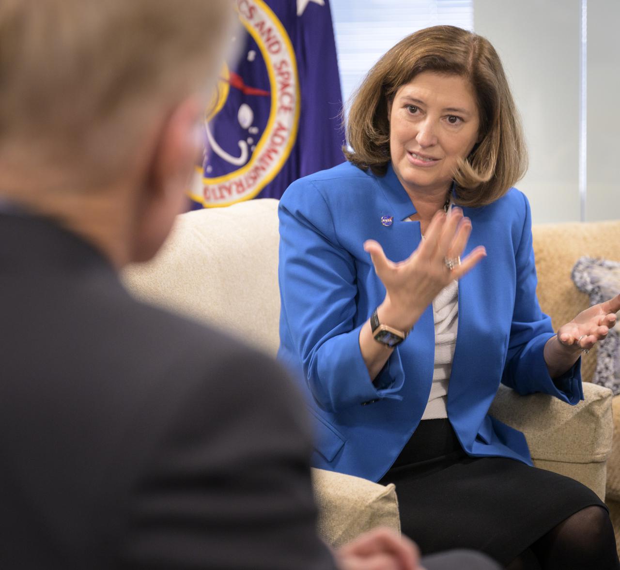 NASA Administrator Bill Nelson, left, meets with incoming JPL Director Dr. Laurie Leshin, Tuesday, Feb., 15, 2022, at the Mary W. Jackson NASA Headquarters building in Washington. Photo Credit: (NASA/Bill Ingalls)