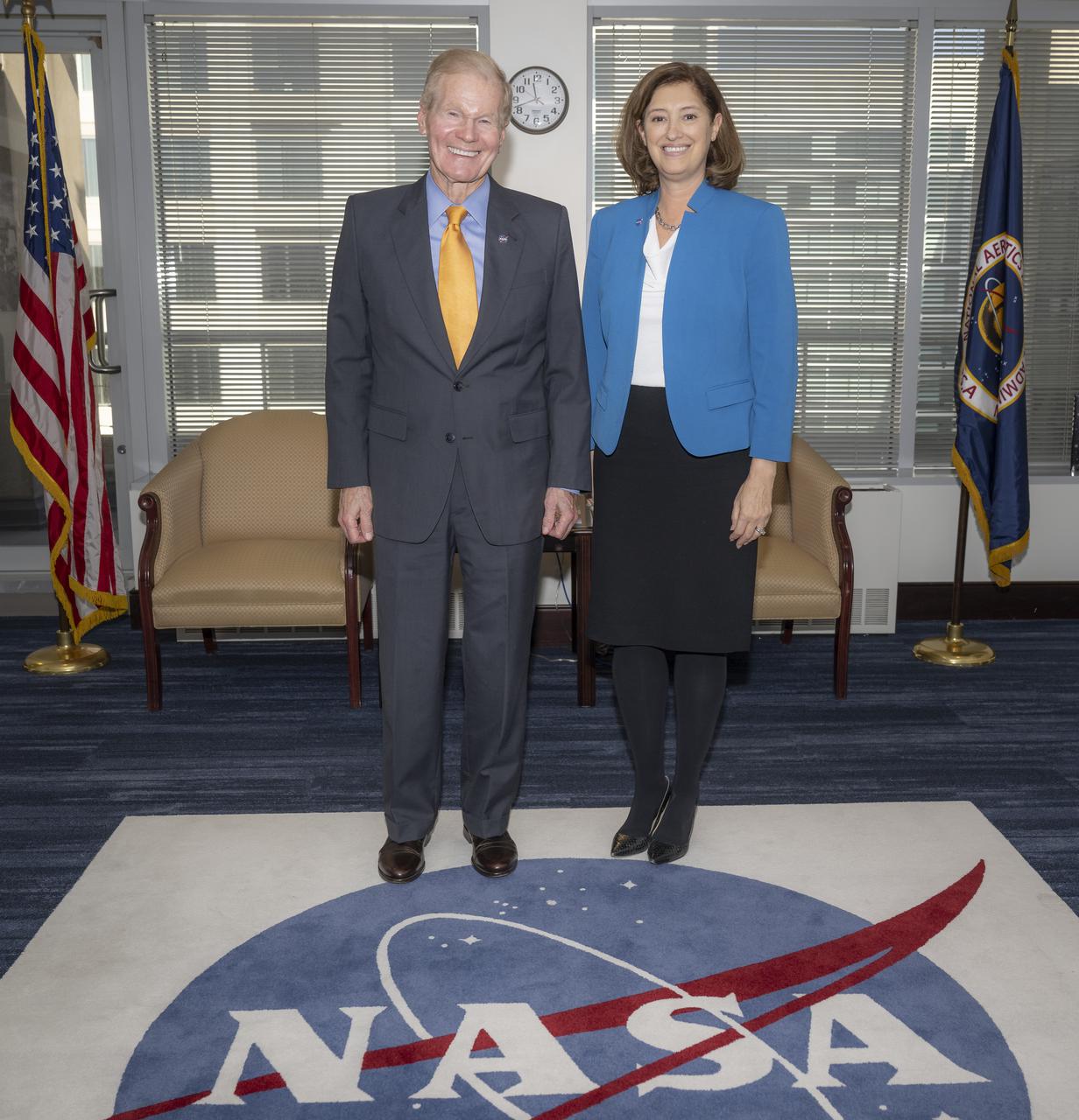 NASA Administrator Bill Nelson, left, and incoming JPL Director Dr. Laurie Leshin, pose for a photograph at the conclusion of their meeting, Tuesday, Feb., 15, 2022, at the Mary W. Jackson NASA Headquarters building in Washington. Photo Credit: (NASA/Bill Ingalls)