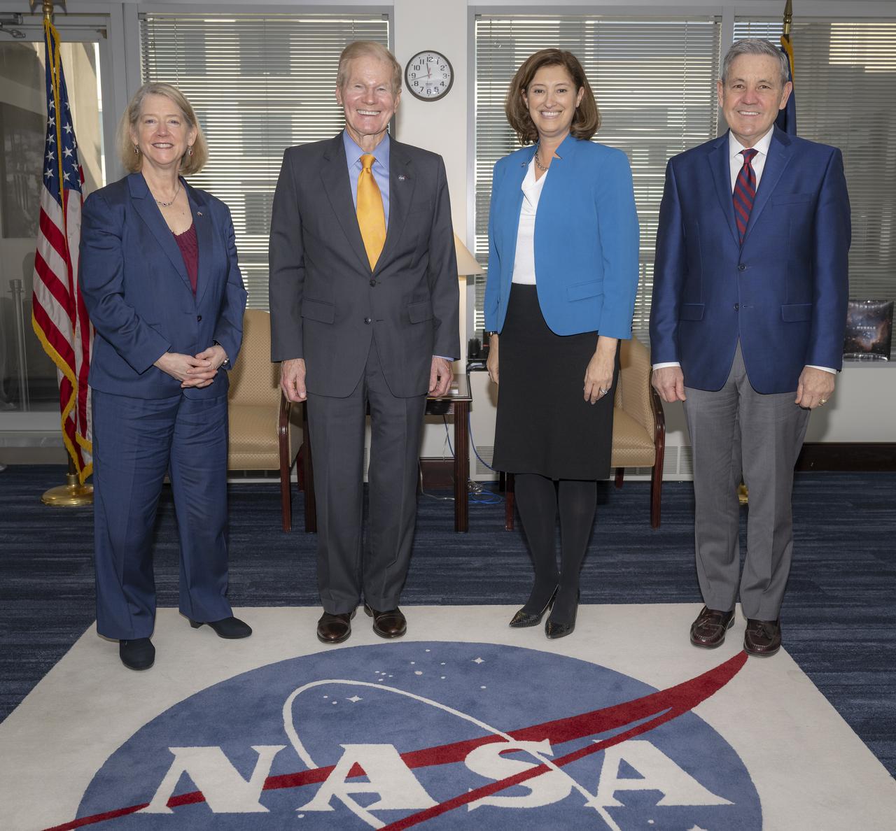 NASA Deputy Administrator Pam Melroy, left, NASA Administrator Bill Nelson, incoming JPL Director Dr. Laurie Leshin, and NASA Associate Administrator Bob Cabana, pose for a photograph at the conclusion of their meeting, Tuesday, Feb., 15, 2022, at the Mary W. Jackson NASA Headquarters building in Washington. Photo Credit: (NASA/Bill Ingalls)