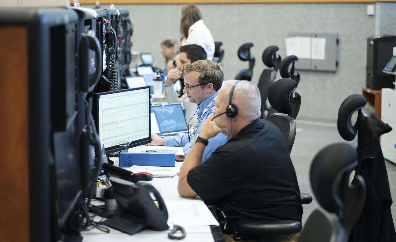 Members of the Artemis I launch team are seen at the test directors consoles in Firing Room One of the Rocco A. Petrone Launch Control Center as NASA’s Space Launch System (SLS) rocket with the Orion spacecraft aboard atop a mobile launcher rolls out of High Bay 3 of the Vehicle Assembly Building for the first time to Launch Complex 39B, Thursday, March 17, 2022, at NASA’s Kennedy Space Center in Florida. Ahead of NASA’s Artemis I flight test, the fully stacked and integrated SLS rocket and Orion spacecraft will undergo a wet dress rehearsal at Launch Complex 39B to verify systems and practice countdown procedures for the first launch. Photo Credit: (NASA/Joel Kowsky)