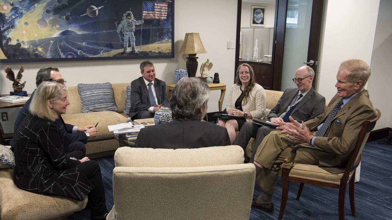 From left to right, NASA Deputy Administrator, Pam Melroy, Advisor to the Minister for Science and Technology in Argentina, Guillermo Salvatierra, Executive and Technical Director of the Comisión Nacional de Actividades Espaciales (CONAE), Raúl Kulichevsky, Minister of Science, Technology and Innovation in Argentina and Chairman of the Board of CONAE, Daniel Filmus, NASA Office of International and Interagency Relations Deputy Associate Administrator, Meredith McKay, NASA Office of International and Interagency Relations, Director of the Science Division, Gib Kirkham, and NASA Administrator Bill Nelson, meet Tuesday, March 22, 2022, at NASA Headquarters in Washington DC. Photo Credit: (NASA/Aubrey Gemignani)