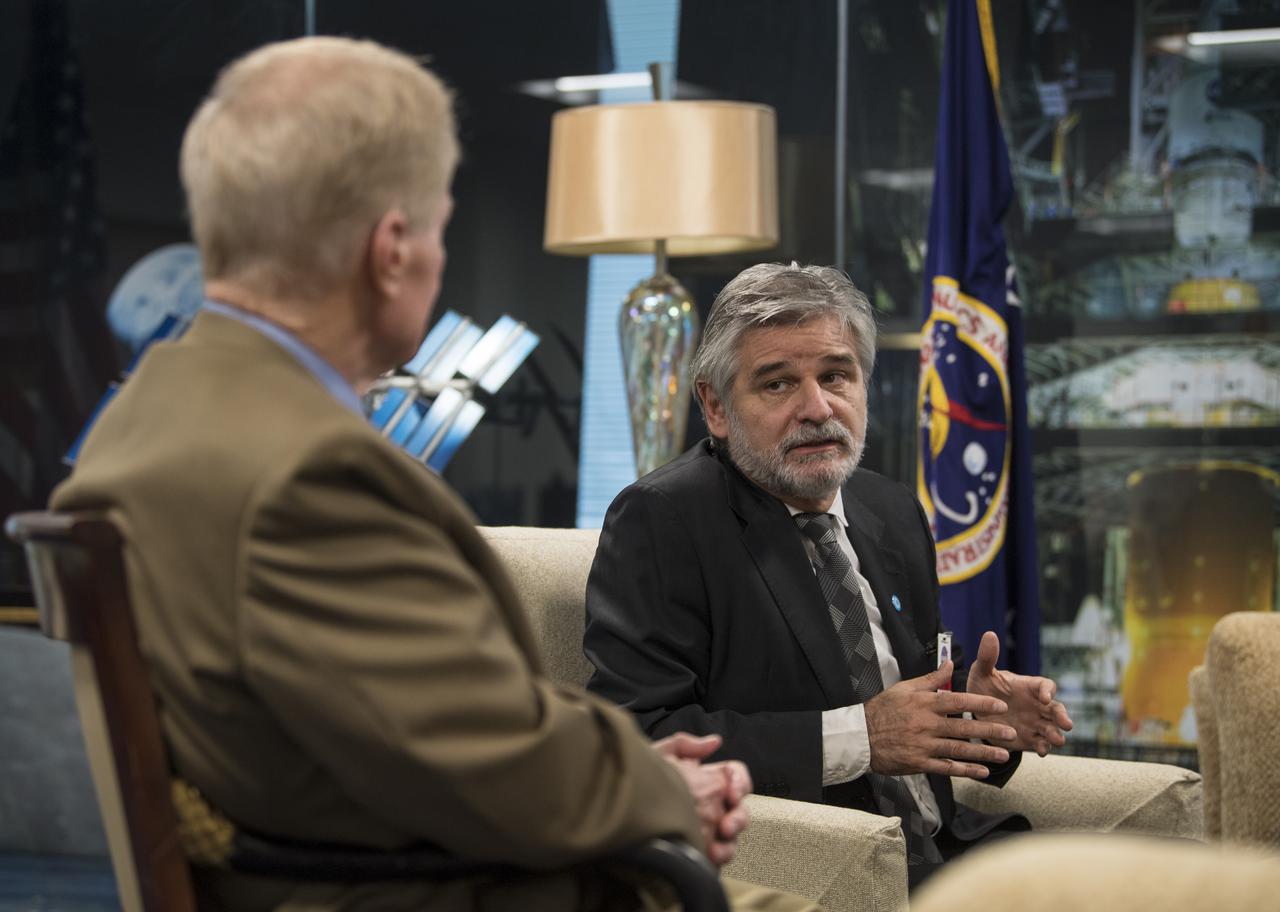 NASA Administrator Bill Nelson, speaks with the Minister of Science, Technology and Innovation in Argentina and Chairman of the Board of the Comisión Nacional de Actividades Espaciales (CONAE), Daniel Filmus, during a meeting, Tuesday, March 22, 2022, at NASA Headquarters in Washington DC. Photo Credit: (NASA/Aubrey Gemignani)