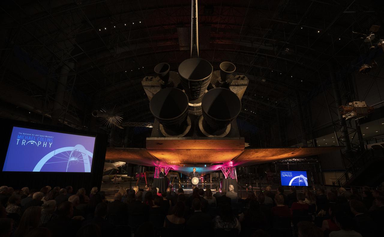 NASA Administrator Bill Nelson speaks at the presentation of the 2022 Michael Collins Trophy, Thursday, March 24, 2022, at the Smithsonian National Air and Space Museum’s Steven F. Udvar-Hazy center in Chantilly, Va. The Smithsonian National Air and Space Museum’s Michael Collins Trophy recognizes extraordinary accomplishments in aeronautics and spaceflight. Photo Credit: (NASA/Joel Kowsky)