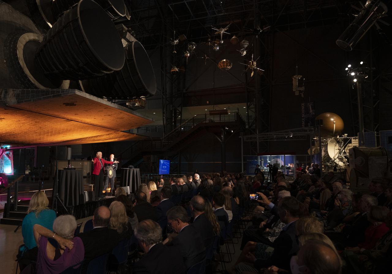 Wally Funk delivers remarks after accepting the 2022 Michael Collins Trophy for Lifetime Achievement, Thursday, March 24, 2022, at the Smithsonian National Air and Space Museum’s Steven F. Udvar-Hazy center in Chantilly, Va. The Smithsonian National Air and Space Museum’s Michael Collins Trophy recognizes extraordinary accomplishments in aeronautics and spaceflight. Photo Credit: (NASA/Joel Kowsky)