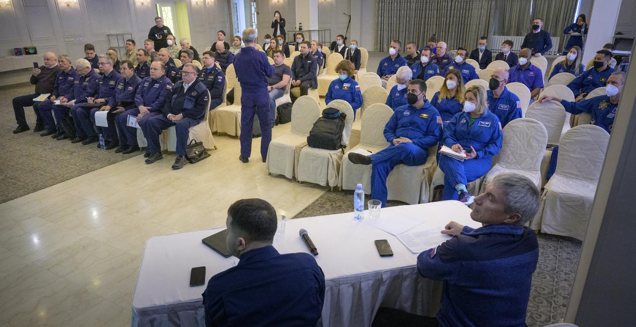 NASA, Roscosmos, and Russian Search and Recovery Forces meet at the Cosmonaut Hotel in Karaganda, Kazakhstan to discuss the readiness for the landing of Expedition 66 crew members Mark Vande Hei of NASA, and Pyotr Dubrov, and Anton Shkaplerov of Roscosmos, Monday, March 28, 2022, at the Cosmonaut Hotel in Karaganda, Kazakhstan. Vande Hei and Dubrov will be returning to Earth after logging 355 days in space as members of Expeditions 64-66 aboard the International Space Station. For Vande Hei, his mission is the longest single spaceflight by a U.S. astronaut in history. Shkaplerov will be returning after 176 days in space, serving as a Flight Engineer for Expedition 65 and commander of Expedition 66. Photo Credit: (NASA/Bill Ingalls)