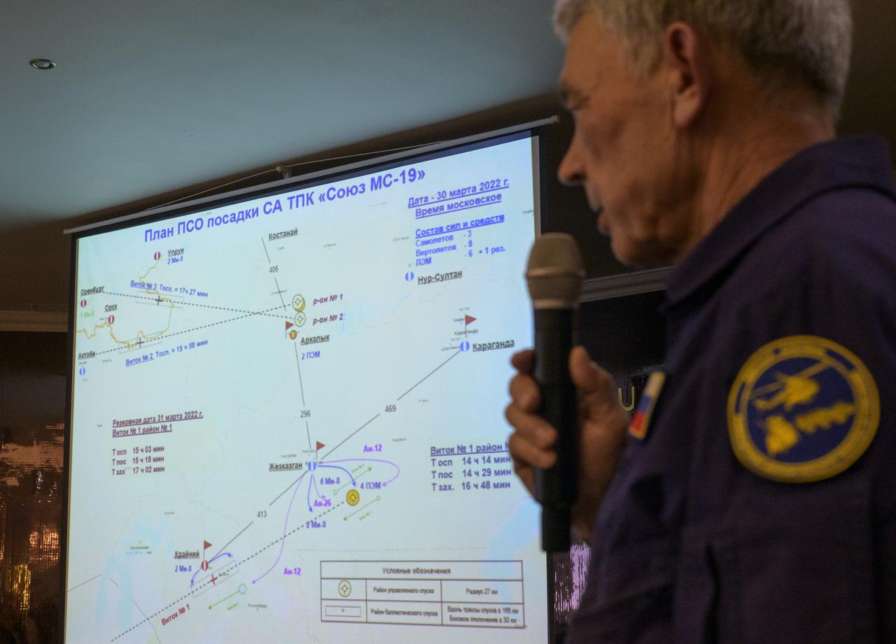 NASA, Roscosmos, and Russian Search and Recovery Forces meet at the Cosmonaut Hotel in Karaganda, Kazakhstan to discuss the readiness for the landing of Expedition 66 crew members Mark Vande Hei of NASA, and Pyotr Dubrov, and Anton Shkaplerov of Roscosmos, Monday, March 28, 2022, at the Cosmonaut Hotel in Karaganda, Kazakhstan. Vande Hei and Dubrov will be returning to Earth after logging 355 days in space as members of Expeditions 64-66 aboard the International Space Station. For Vande Hei, his mission is the longest single spaceflight by a U.S. astronaut in history. Shkaplerov will be returning after 176 days in space, serving as a Flight Engineer for Expedition 65 and commander of Expedition 66. Photo Credit: (NASA/Bill Ingalls)