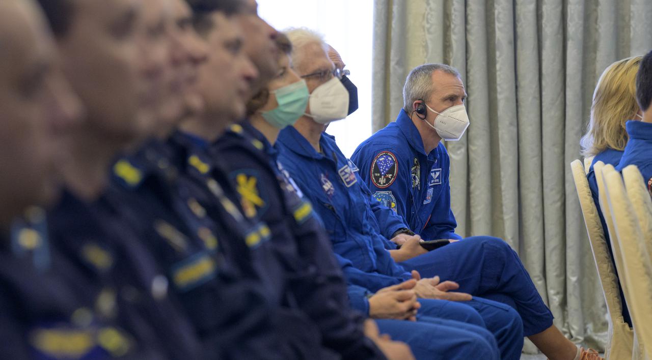 NASA Astronaut Office Representative, astronaut Drew Feustel is seen as NASA, Roscosmos, and Russian Search and Recovery Forces meet at the Cosmonaut Hotel in Karaganda, Kazakhstan to discuss the readiness for the landing of Expedition 66 crew members Mark Vande Hei of NASA, and Pyotr Dubrov, and Anton Shkaplerov of Roscosmos, Monday, March 28, 2022, at the Cosmonaut Hotel in Karaganda, Kazakhstan. Vande Hei and Dubrov will be returning to Earth after logging 355 days in space as members of Expeditions 64-66 aboard the International Space Station. For Vande Hei, his mission is the longest single spaceflight by a U.S. astronaut in history. Shkaplerov will be returning after 176 days in space, serving as a Flight Engineer for Expedition 65 and commander of Expedition 66. Photo Credit: (NASA/Bill Ingalls)