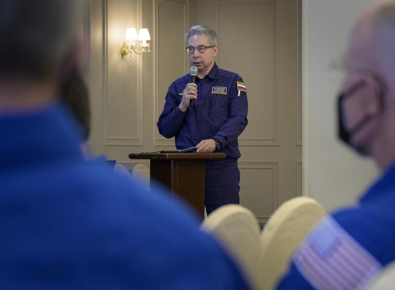 Deputy Head of the Search-and-Rescue Department of Rosaviatsiya (Russian Federal Air Transport Agency) Aleksey Lukiyanov is seen as NASA, Roscosmos, and Russian Search and Recovery Forces meet at the Cosmonaut Hotel in Karaganda, Kazakhstan to discuss the readiness for the landing of Expedition 66 crew members Mark Vande Hei of NASA, and Pyotr Dubrov, and Anton Shkaplerov of Roscosmos, Monday, March 28, 2022, at the Cosmonaut Hotel in Karaganda, Kazakhstan. Vande Hei and Dubrov will be returning to Earth after logging 355 days in space as members of Expeditions 64-66 aboard the International Space Station. For Vande Hei, his mission is the longest single spaceflight by a U.S. astronaut in history. Shkaplerov will be returning after 176 days in space, serving as a Flight Engineer for Expedition 65 and commander of Expedition 66. Photo Credit: (NASA/Bill Ingalls)