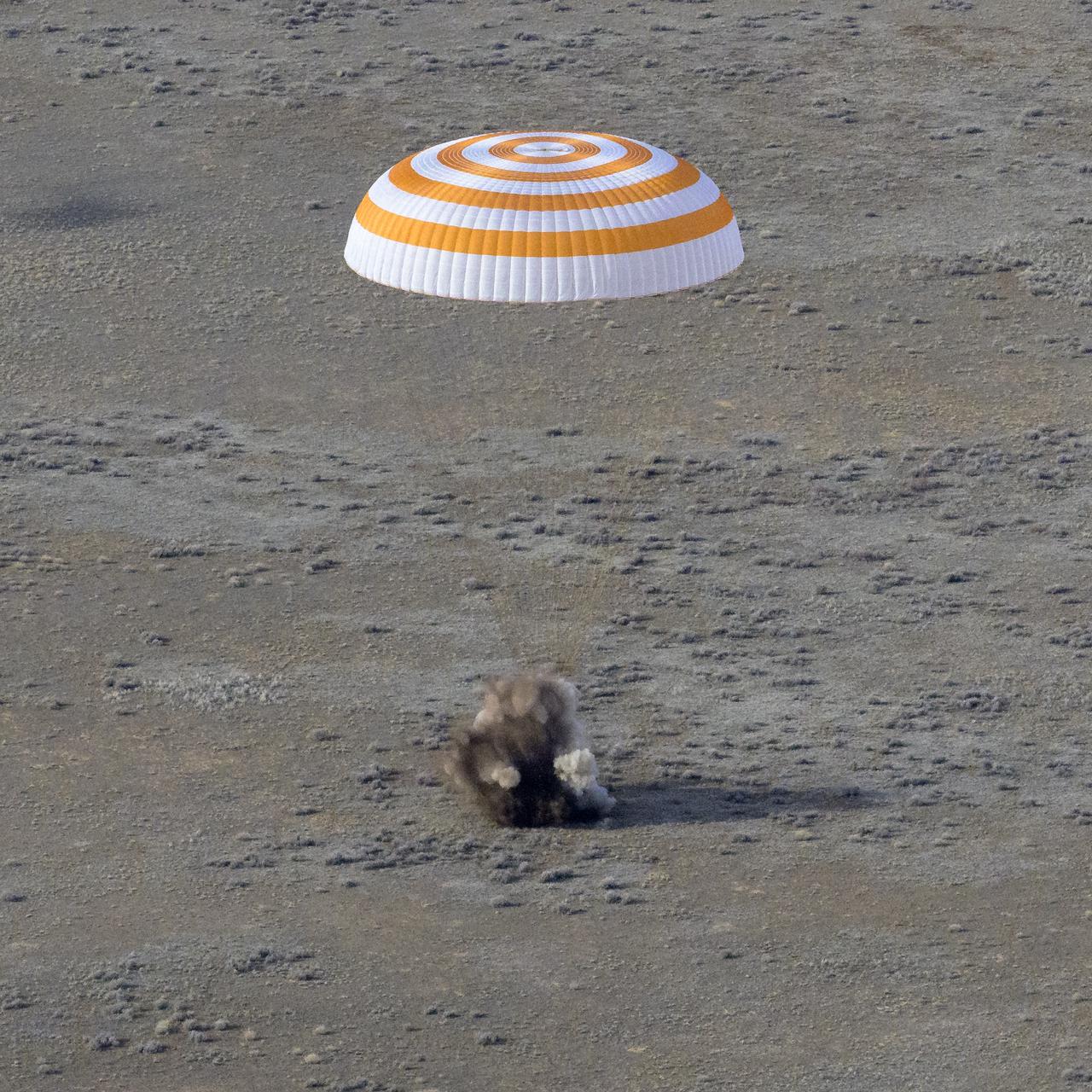 The Soyuz MS-19 spacecraft is seen as it lands in a remote area near the town of Zhezkazgan, Kazakhstan with Expedition 66 crew members Mark Vande Hei of NASA, and cosmonauts Pyotr Dubrov, and Anton Shkaplerov of Roscosmos, Wednesday, March 30, 2022. Vande Hei and Dubrov are returning to Earth after logging 355 days in space as members of Expeditions 64-66 aboard the International Space Station. For Vande Hei, his mission is the longest single spaceflight by a U.S. astronaut in history. Shkaplerov is returning after 176 days in space, serving as a Flight Engineer for Expedition 65 and commander of Expedition 66. Photo Credit: (NASA/Bill Ingalls)