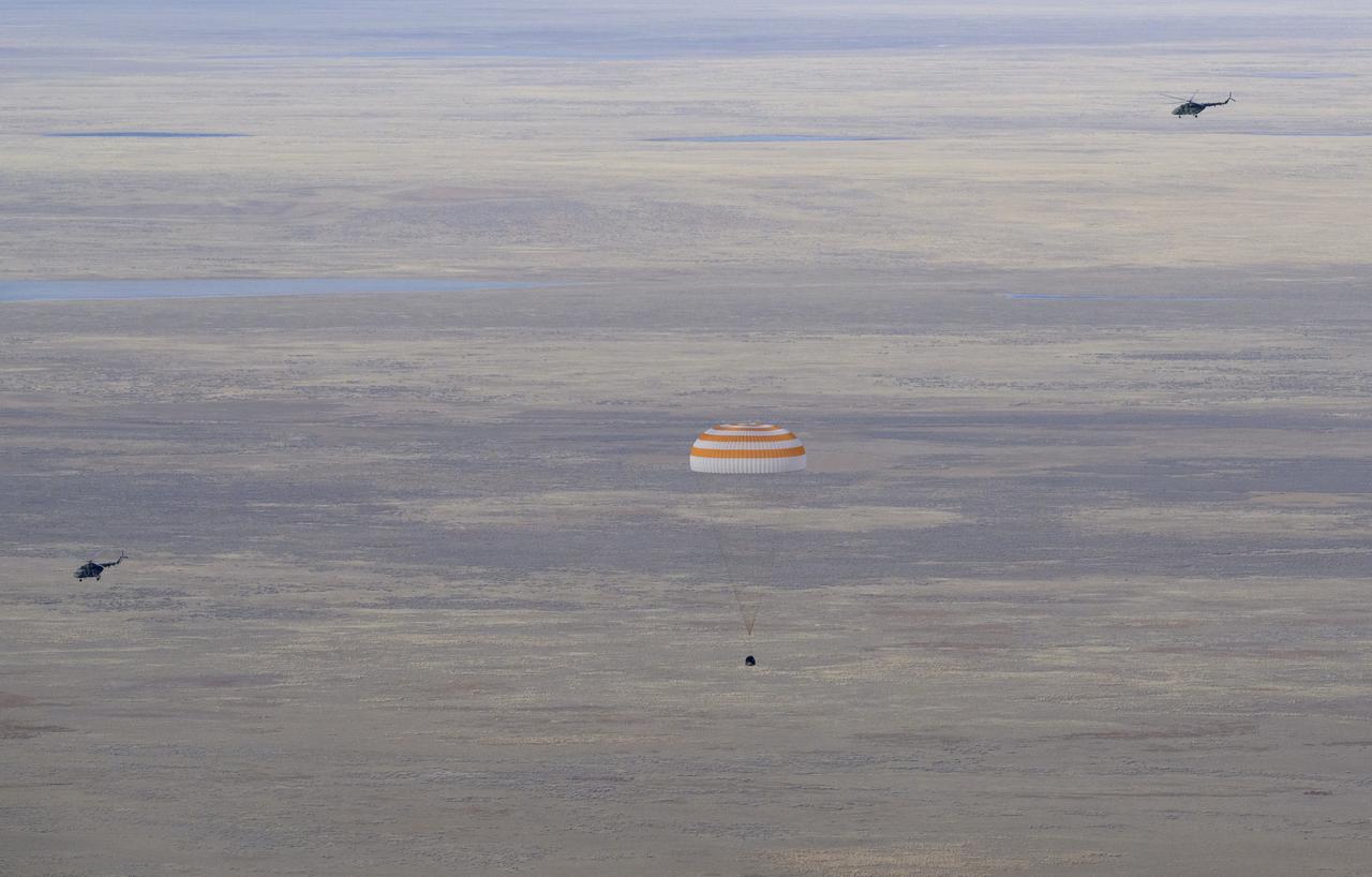 The Soyuz MS-19 spacecraft is seen as it lands in a remote area near the town of Zhezkazgan, Kazakhstan with Expedition 66 crew members Mark Vande Hei of NASA, and cosmonauts Pyotr Dubrov, and Anton Shkaplerov of Roscosmos, Wednesday, March 30, 2022. Vande Hei and Dubrov are returning to Earth after logging 355 days in space as members of Expeditions 64-66 aboard the International Space Station. For Vande Hei, his mission is the longest single spaceflight by a U.S. astronaut in history. Shkaplerov is returning after 176 days in space, serving as a Flight Engineer for Expedition 65 and commander of Expedition 66. Photo Credit: (NASA/Bill Ingalls)