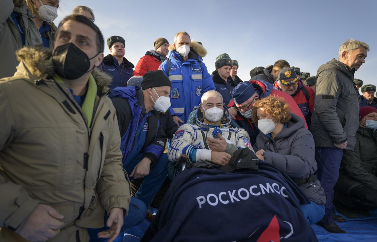 NASA astronaut Mark Vande Hei is seen outside the Soyuz MS-19 spacecraft after he landed with Russian cosmonauts Anton Shkaplerov and Pyotr Dubrov in a remote area near the town of Zhezkazgan, Kazakhstan on Wednesday, March 30, 2022. Vande Hei and Dubrov are returning to Earth after logging 355 days in space as members of Expeditions 64-66 aboard the International Space Station. For Vande Hei, his mission is the longest single spaceflight by a U.S. astronaut in history. Shkaplerov is returning after 176 days in space, serving as a Flight Engineer for Expedition 65 and commander of Expedition 66. Photo Credit: (NASA/Bill Ingalls)