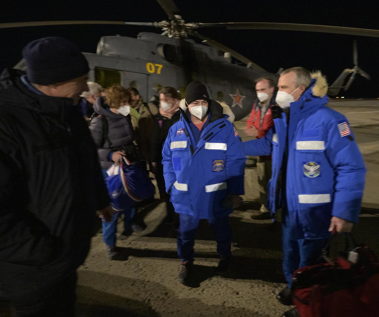 Expedition 66 NASA astronaut Mark Vande Hei arrives at the Karaganda Airport in Kazakhstan after he and Russian cosmonauts Anton Shkaplerov and Pyotr Dubrov landed in their Soyuz MS-19 spacecraft in a remote area near the town of Zhezkazgan, Kazakhstan on Wednesday, March 30, 2022. Vande Hei and Dubrov are returning to Earth after logging 355 days in space as members of Expeditions 64-66 aboard the International Space Station. For Vande Hei, his mission is the longest single spaceflight by a U.S. astronaut in history. Shkaplerov is returning after 176 days in space, serving as a Flight Engineer for Expedition 65 and commander of Expedition 66. Photo Credit: (NASA/Bill Ingalls)