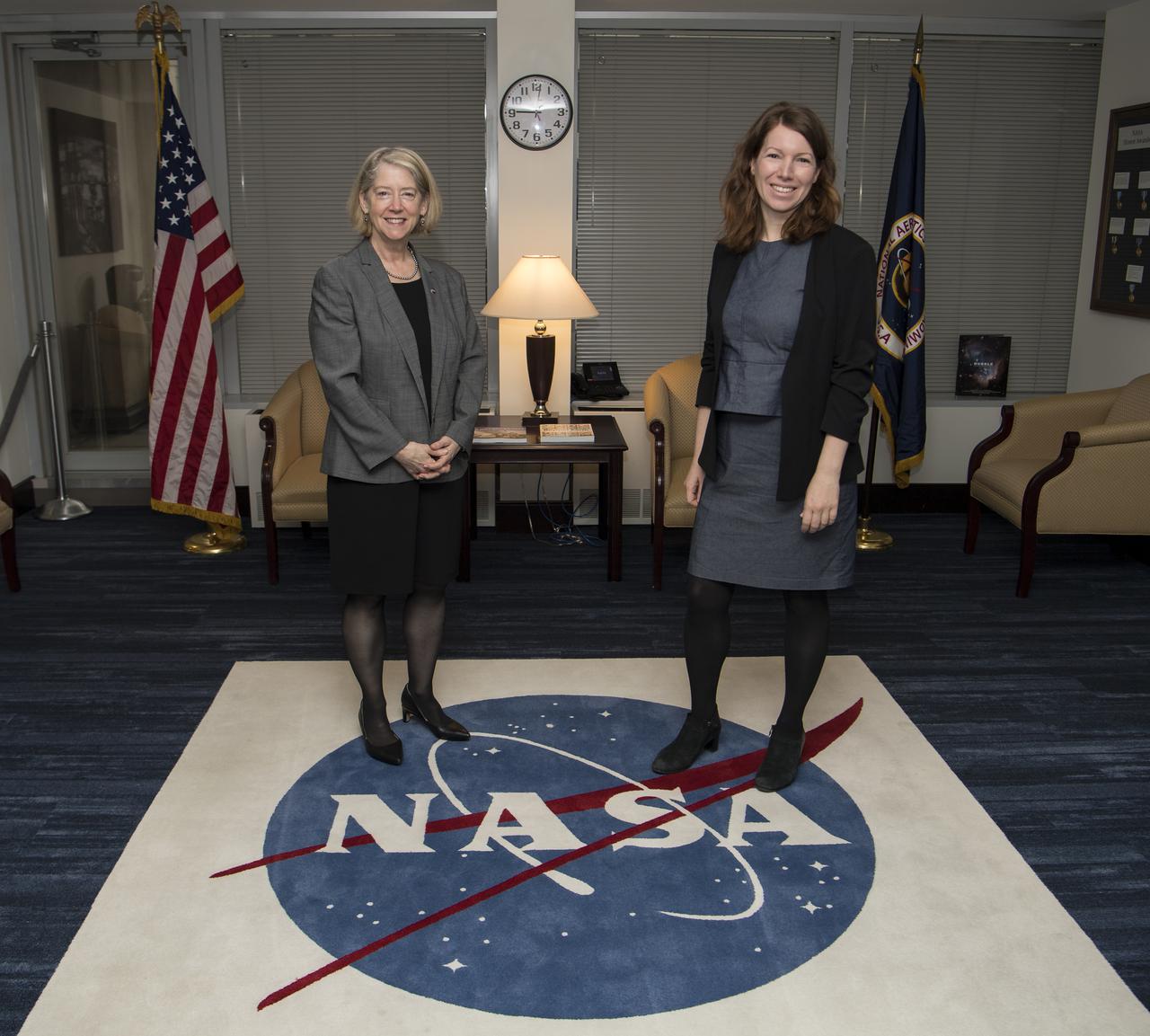 NASA Deputy Administrator, Pam Melroy, left, poses for a photo with the Federal Government Coordinator of German Aerospace Policy, Dr. Anna Christmann, Thursday, March 31, 2022, at NASA Headquarters in Washington DC. Photo Credit: (NASA/Aubrey Gemignani)