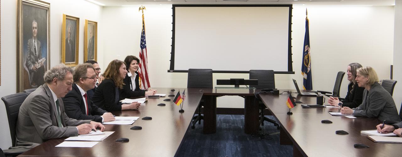 From left to right, Head of Science and Technology Section, German Embassy, Dr. René Haak; Head of the German Aerospace Center’s (DLR) Washington Office, Mr. Marc Jochemich; the Federal Government Coordinator of German Aerospace Policy, Dr. Anna Christmann; Deputy Director General, Federal Ministry for Economic Affairs and Climate Action (BMWK), Holger Schlienkamp; Head of Division, BMWK, Claudia Andree; NASA Office of International and Interagency Relations Deputy Associate Administrator, Meredith McKay; and NASA Deputy Administrator Pam Melroy speak during a meeting, Thursday, March 31, 2022, at NASA Headquarters in Washington DC. Photo Credit: (NASA/Aubrey Gemignani)