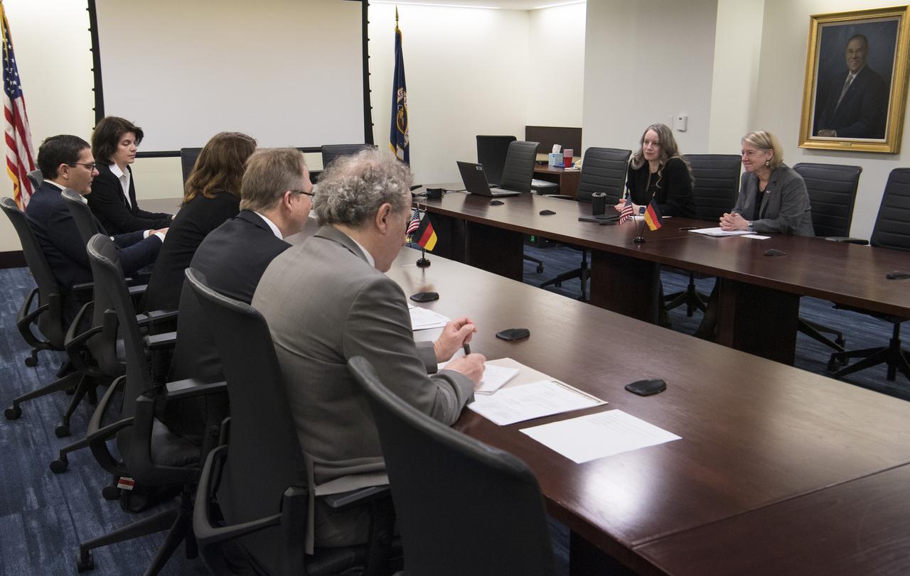 From left to right, Head of Science and Technology Section, German Embassy, Dr. René Haak; Head of the German Aerospace Center’s (DLR) Washington Office, Mr. Marc Jochemich; the Federal Government Coordinator of German Aerospace Policy, Dr. Anna Christmann; Deputy Director General, Federal Ministry for Economic Affairs and Climate Action (BMWK), Holger Schlienkamp; Head of Division, BMWK, Claudia Andree; NASA Office of International and Interagency Relations Deputy Associate Administrator, Meredith McKay; and NASA Deputy Administrator Pam Melroy speak during a meeting, Thursday, March 31, 2022, at NASA Headquarters in Washington DC. Photo Credit: (NASA/Aubrey Gemignani)