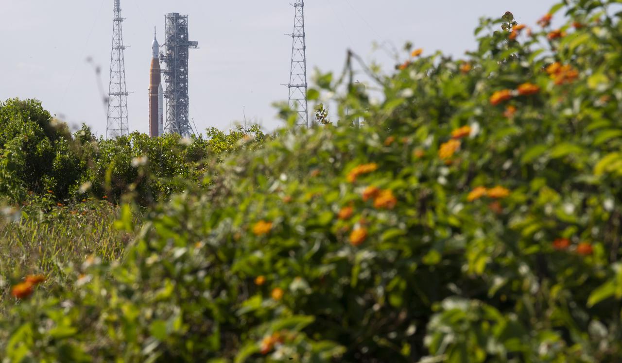 NASA’s Space Launch System (SLS) rocket with the Orion spacecraft aboard is seen atop a mobile launcher at Launch Complex 39B, Monday, April 4, 2022, as the Artemis I launch team conducts the wet dress rehearsal test at NASA’s Kennedy Space Center in Florida. Ahead of NASA’s Artemis I flight test, the wet dress rehearsal will run the Artemis I launch team through operations to load propellant, conduct a full launch countdown, demonstrate the ability to recycle the countdown clock, and drain the tanks to practice timelines and procedures for launch.  Photo Credit: (NASA/Joel Kowsky)