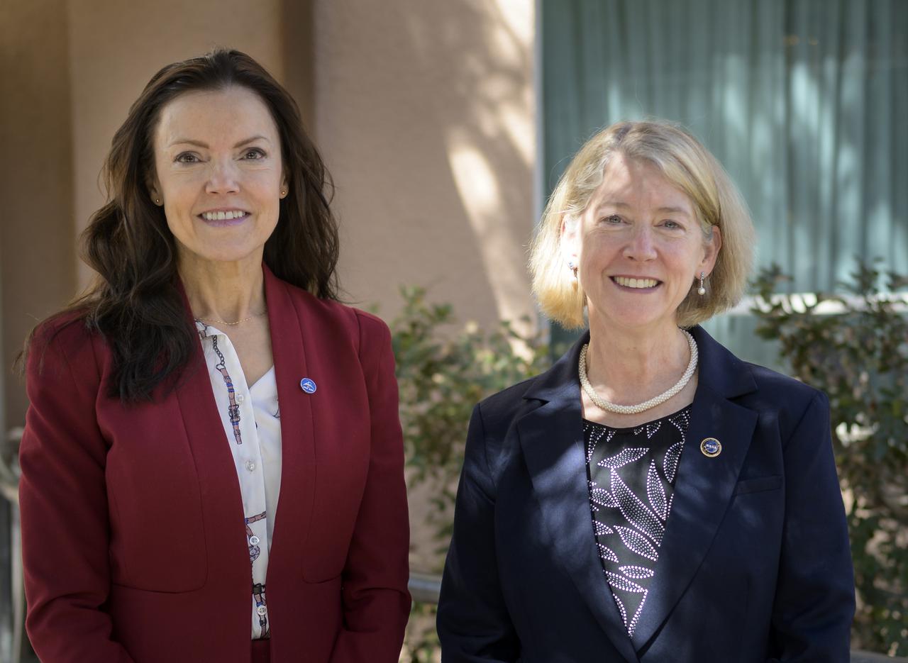 Canadian Space Agency President Lisa Campbell, left, and NASA Deputy Administrator Pam Melroy, pose for a photograph prior to starting at meeting during the 37th Space Symposium, Monday, April 4, 2022, in Colorado Springs, Colorado. Photo Credit: (NASA/Bill Ingalls)