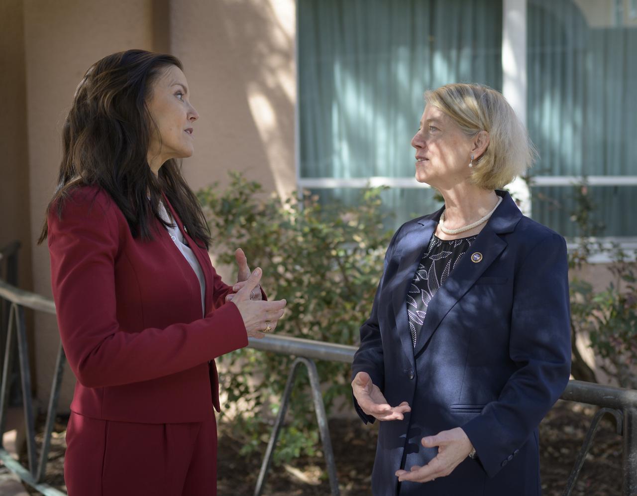 Canadian Space Agency President Lisa Campbell, left, and NASA Deputy Administrator Pam Melroy, pose for a photograph prior to starting at meeting during the 37th Space Symposium, Monday, April 4, 2022, in Colorado Springs, Colorado. Photo Credit: (NASA/Bill Ingalls)