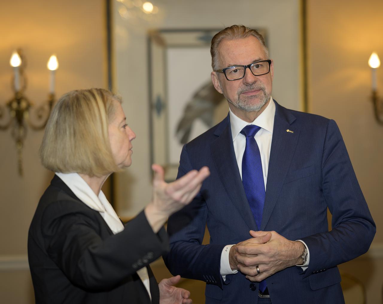 NASA Deputy Administrator Pam Melroy, left, and Dr. Josef Aschbacher, Director General, European Space Agency (ESA), talk during a meeting during the 37th Space Symposium, Tuesday, April 5, 2022, in Colorado Springs, Colorado. Photo Credit: (NASA/Bill Ingalls)