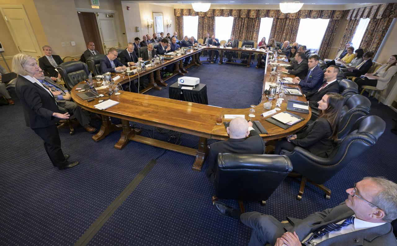 NASA Deputy Administrator Pam Melroy, left, kicks off a multilateral meeting during the 37th Space Symposium, Tuesday, April 5, 2022, in Colorado Springs, Colorado. Joing NASA in the meeting were representatives from Australia, Canada, France, Germany, Italy, Japan, Mexico, Netherlands, New Zealand, Poland, Romania, Spain, and the UK. Photo Credit: (NASA/Bill Ingalls)