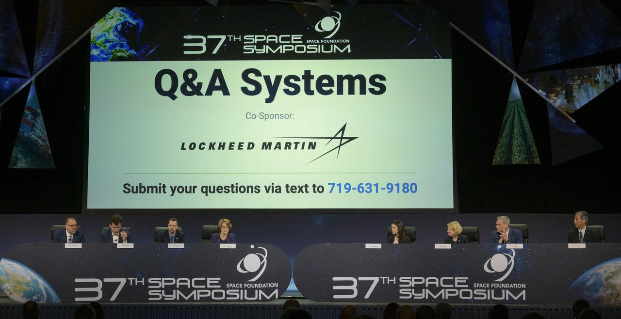 Heads of Agency participate in a panel discussion, from left, Dr. Josef Aschbacher, Director General, European Space Agency (ESA); Dr. Philippe Baptiste, President, French Space Agency (CNES); Dr. Paul Bate, Chief Executive Officer UK Space Agency (UKSA); moderator Dr. Kathryn C. Thornton, Chairwoman, Space Foundation; Lisa Campbell, President, Canadian Space Agency (CSA); NASA Deputy Administrator Pam Melroy; Dr. Walther Pelzer, Executive Board Member and Head of the German Space Agency at the German Aerospace Center (DLR); and Dr. Hiroshi Yamakawa, President, Japan Aerospace Exploration Agency (JAXA), right, during the 37th Space Symposium, Wednesday, April 6, 2022, in Colorado Springs, Colorado. Photo Credit: (NASA/Bill Ingalls)