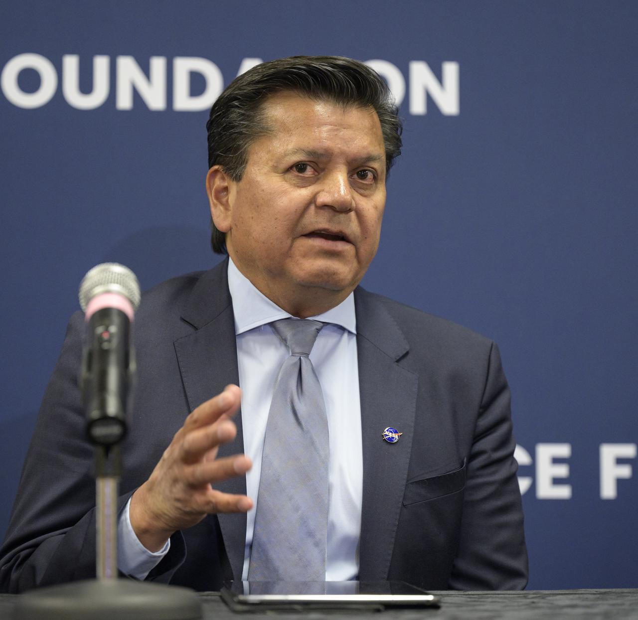 Andres Martinez, program executive for small spacecraft in NASA’s Exploration Systems Development Mission Directorate speaks at “Small Satellites, Big Missions: Pathfinding CubeSats Exploring the Moon and Beyond,” a news conference during the 37th Space Symposium, Wednesday, April 6, 2022, in Colorado Springs, Colorado. Photo Credit: (NASA/Bill Ingalls)