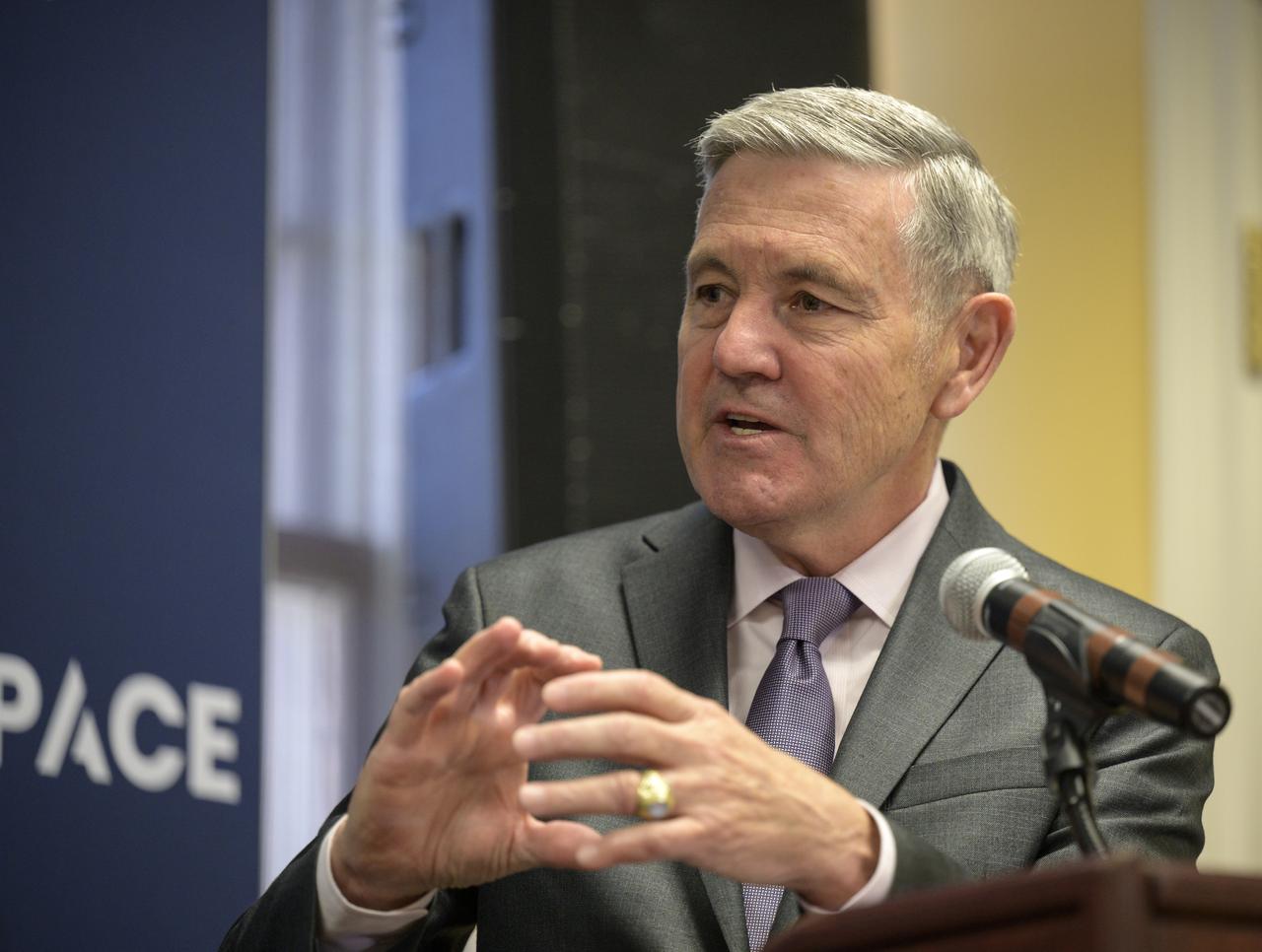 NASA Associate Administrator Bob Cabana speaks at “Small Satellites, Big Missions: Pathfinding CubeSats Exploring the Moon and Beyond,” a news conference during the 37th Space Symposium, Wednesday, April 6, 2022, in Colorado Springs, Colorado. Photo Credit: (NASA/Bill Ingalls)