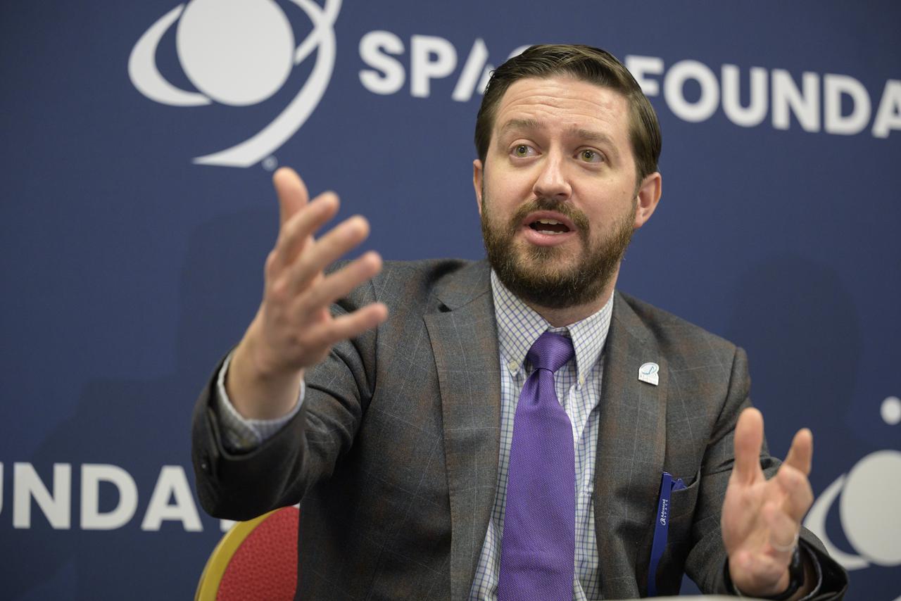 Bradley Cheetham (CEO) or Tom Gardner (Director of Engineering), Advanced Space  speaks at “Small Satellites, Big Missions: Pathfinding CubeSats Exploring the Moon and Beyond,” a news conference during the 37th Space Symposium, Wednesday, April 6, 2022, in Colorado Springs, Colorado. Photo Credit: (NASA/Bill Ingalls)