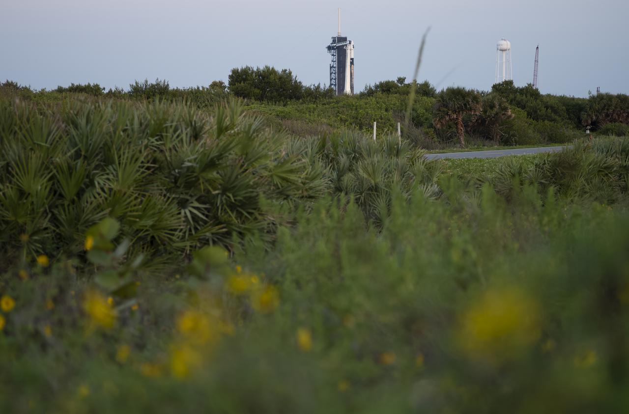 A SpaceX Falcon 9 rocket with the company's Crew Dragon spacecraft aboard is seen at sunrise on the launch pad at Launch Complex 39A as preparations continue for Axiom Mission 1 (Ax-1), Thursday, April 7, 2022, at NASA’s Kennedy Space Center in Florida. The Ax-1 mission is the first private astronaut mission to the International Space Station.  Ax-1 crew members Commander Michael López-Alegría of Spain and the United States, Pilot Larry Connor of the United States, and Mission Specialists Eytan Stibbe of Israel, and Mark Pathy of Canada are scheduled to launch on April 8 at 11:17 a.m. EDT, from Launch Complex 39A at the Kennedy Space Center. Photo Credit: (NASA/Joel Kowsky)