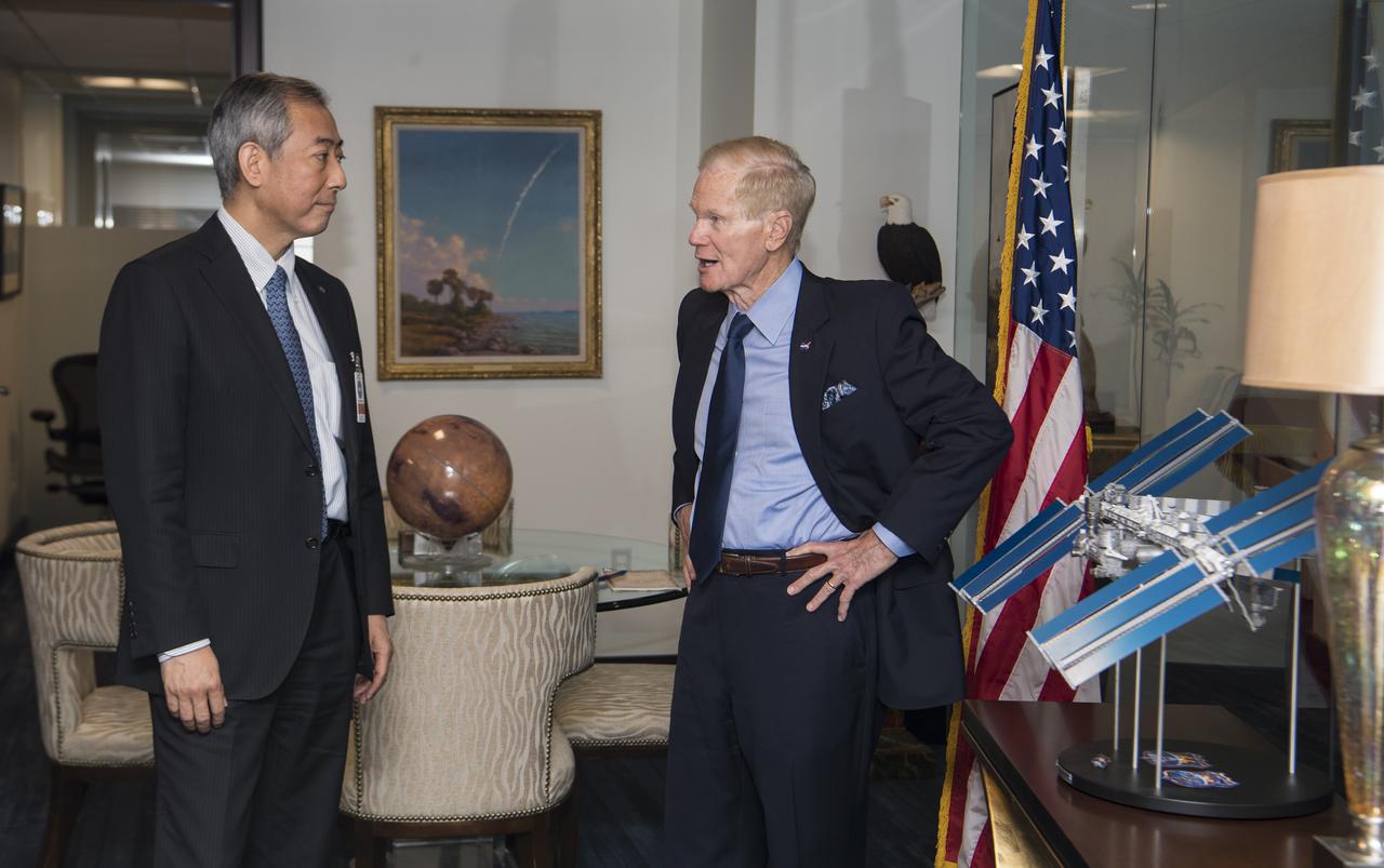 NASA Administrator Bill Nelson, right, speaks with President of the Japan Aerospace Exploration Agency (JAXA), Hiroshi Yamakawa, during a meeting, Thursday, April 7, 2022, at NASA Headquarters in Washington DC. Photo Credit: (NASA/Aubrey Gemignani)