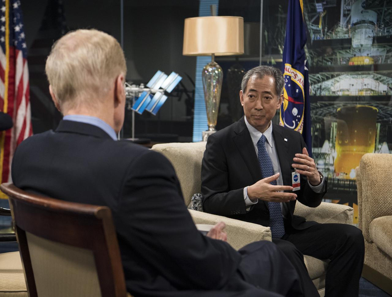President of the Japan Aerospace Exploration Agency (JAXA), Hiroshi Yamakawa speaks with NASA Administrator Bill Nelson during a meeting, Thursday, April 7, 2022, at NASA Headquarters in Washington DC. Photo Credit: (NASA/Aubrey Gemignani)