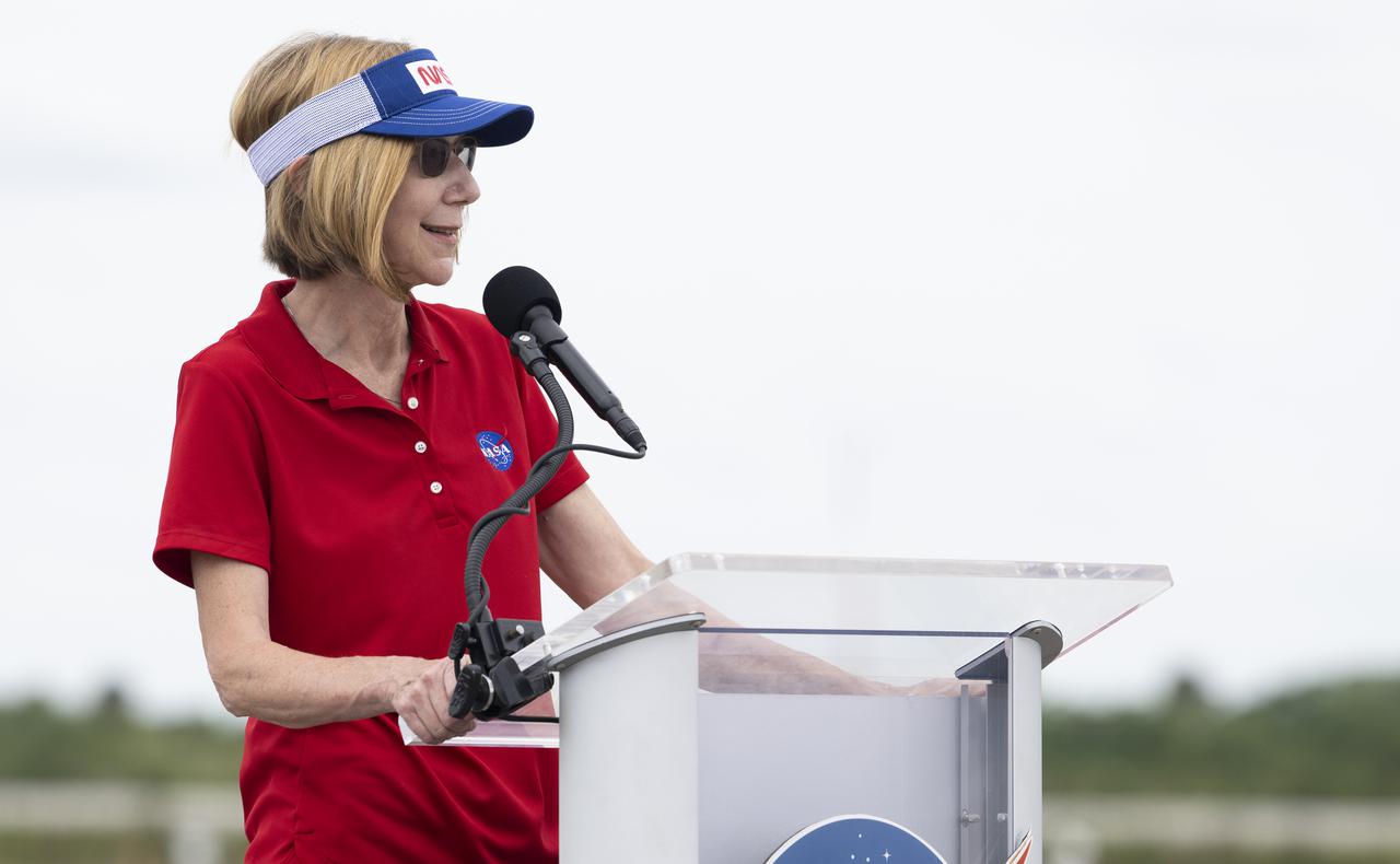 Kathy Lueders, associate administrator for NASA's Space Operations Mission Directorate, speaks to members of the media after the arrival of NASA astronauts Kjell Lindgren, Robert Hines, Jessica Watkins, and ESA (European Space Agency) astronaut Samantha Cristoforetti at the Launch and Landing Facility at NASA’s Kennedy Space Center ahead of SpaceX’s Crew-4 mission, Monday, April 18, 2022, in Florida. NASA’s SpaceX Crew-4 mission is the fourth crew rotation mission of the SpaceX Crew Dragon spacecraft and Falcon 9 rocket to the International Space Station as part of the agency’s Commercial Crew Program. Lindgren, Hines, Watkins, and Cristoforetti are scheduled to launch at April 23 at 5:26 a.m. EDT, from Launch Complex 39A at the Kennedy Space Center. Photo Credit: (NASA/Joel Kowsky)