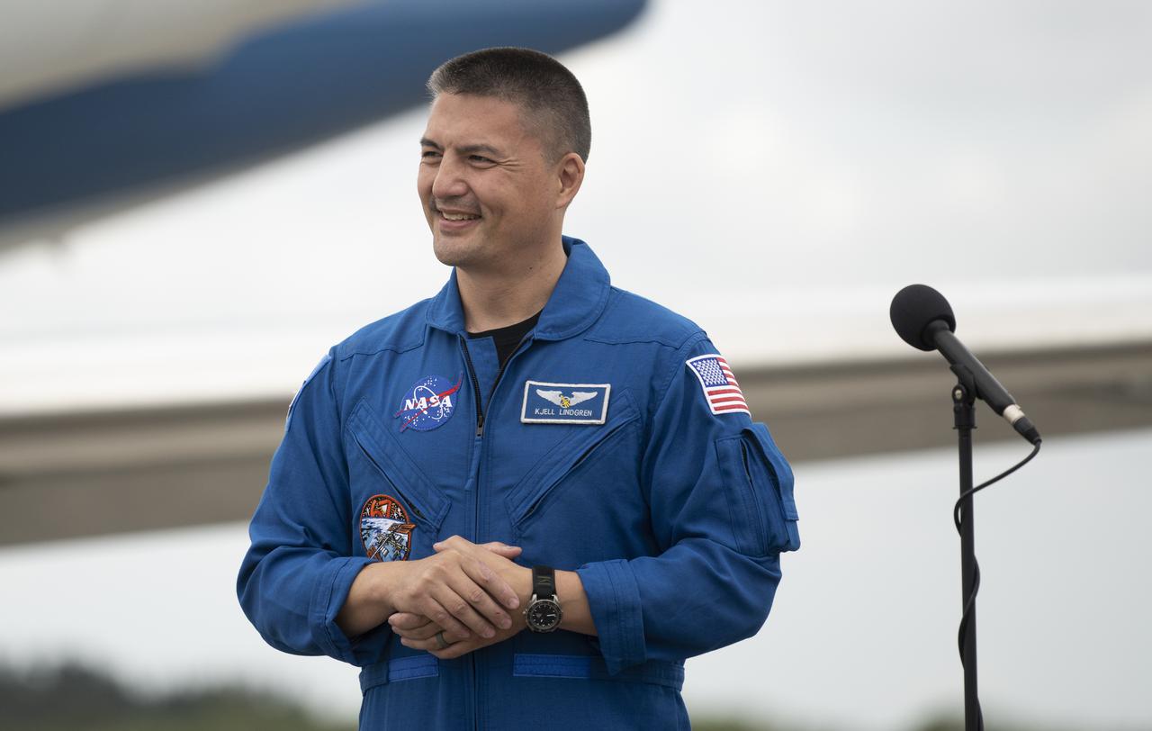 NASA astronaut Kjell Lindgren speaks to members of the media after arriving with fellow crewmates NASA astronauts Jessica Watkins, Robert Hines, and ESA (European Space Agency) astronaut Samantha Cristoforetti at the Launch and Landing Facility at NASA’s Kennedy Space Center ahead of SpaceX’s Crew-4 mission, Monday, April 18, 2022, in Florida. NASA’s SpaceX Crew-4 mission is the fourth crew rotation mission of the SpaceX Crew Dragon spacecraft and Falcon 9 rocket to the International Space Station as part of the agency’s Commercial Crew Program. Lindgren, Hines, Watkins, and Cristoforetti are scheduled to launch at April 23 at 5:26 a.m. EDT, from Launch Complex 39A at the Kennedy Space Center. Photo Credit: (NASA/Joel Kowsky)