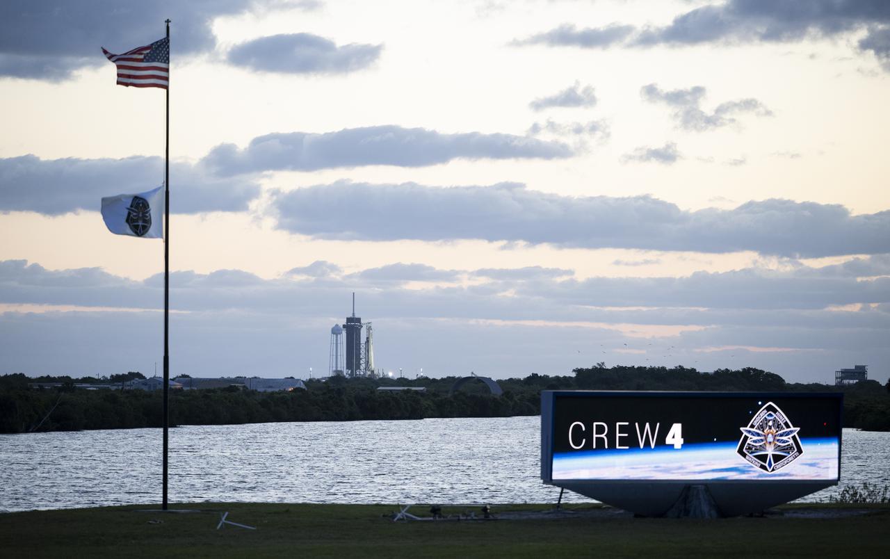 A SpaceX Falcon 9 rocket with the company's Crew Dragon spacecraft onboard is seen at sunrise on the launch pad at Launch Complex 39A as preparations continue for the Crew-4 mission, Wednesday, April 20, 2022, at NASA’s Kennedy Space Center in Florida. NASA’s SpaceX Crew-4 mission is the fourth crew rotation mission of the SpaceX Crew Dragon spacecraft and Falcon 9 rocket to the International Space Station as part of the agency’s Commercial Crew Program. NASA astronauts Kjell Lindgren, Robert Hines, Jessica Watkins, and ESA (European Space Agency) astronaut Samantha Cristoforetti are scheduled to launch on April 23 at 5:26 a.m. EDT, from Launch Complex 39A at the Kennedy Space Center. Photo Credit: (NASA/Joel Kowsky)