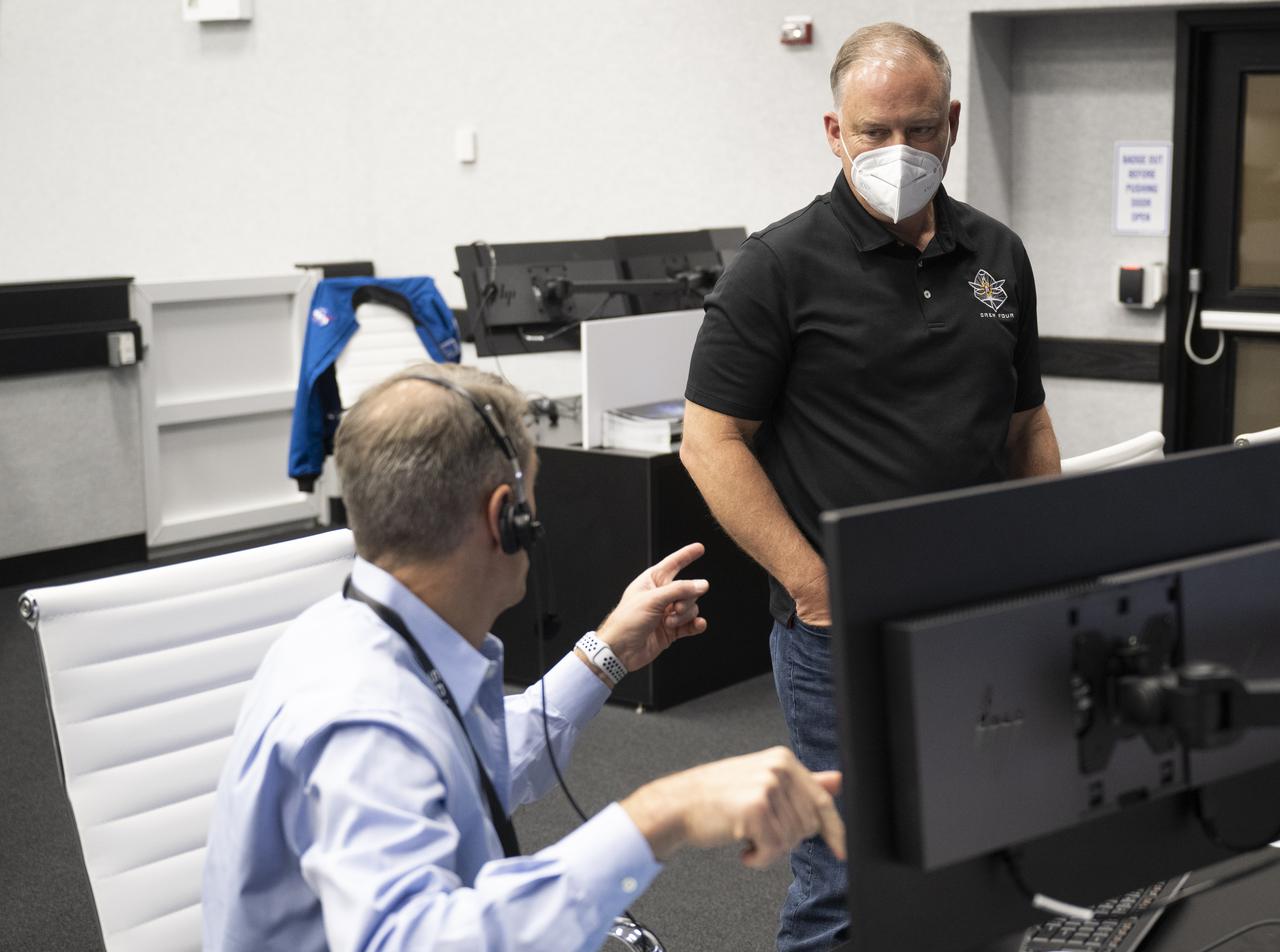 Norm Knight, director of Flight Operations at NASA's Johnson Space Center, right, and Zeb Scoville, NASA's chief flight director, left are seen during a dress rehearsal in preparation for the launch of a SpaceX Falcon 9 rocket carrying the company's Crew Dragon spacecraft on NASA’s SpaceX Crew-4 mission with NASA astronauts Kjell Lindgren, Robert Hines, Jessica Watkins, and ESA (European Space Agency) astronaut Samantha Cristoforetti onboard, Wednesday, April 20, 2022, in firing room four of the Rocco A. Petrone Launch Control Center at NASA’s Kennedy Space Center in Florida. NASA’s SpaceX Crew-4 mission is the fourth crew rotation mission of the SpaceX Crew Dragon spacecraft and Falcon 9 rocket to the International Space Station as part of the agency’s Commercial Crew Program. Lindgren, Hines, Watkins, and Cristoforetti are scheduled to launch on April 23 at 5:26 a.m. EDT, from Launch Complex 39A at the Kennedy Space Center. Photo Credit: (NASA/Joel Kowsky)