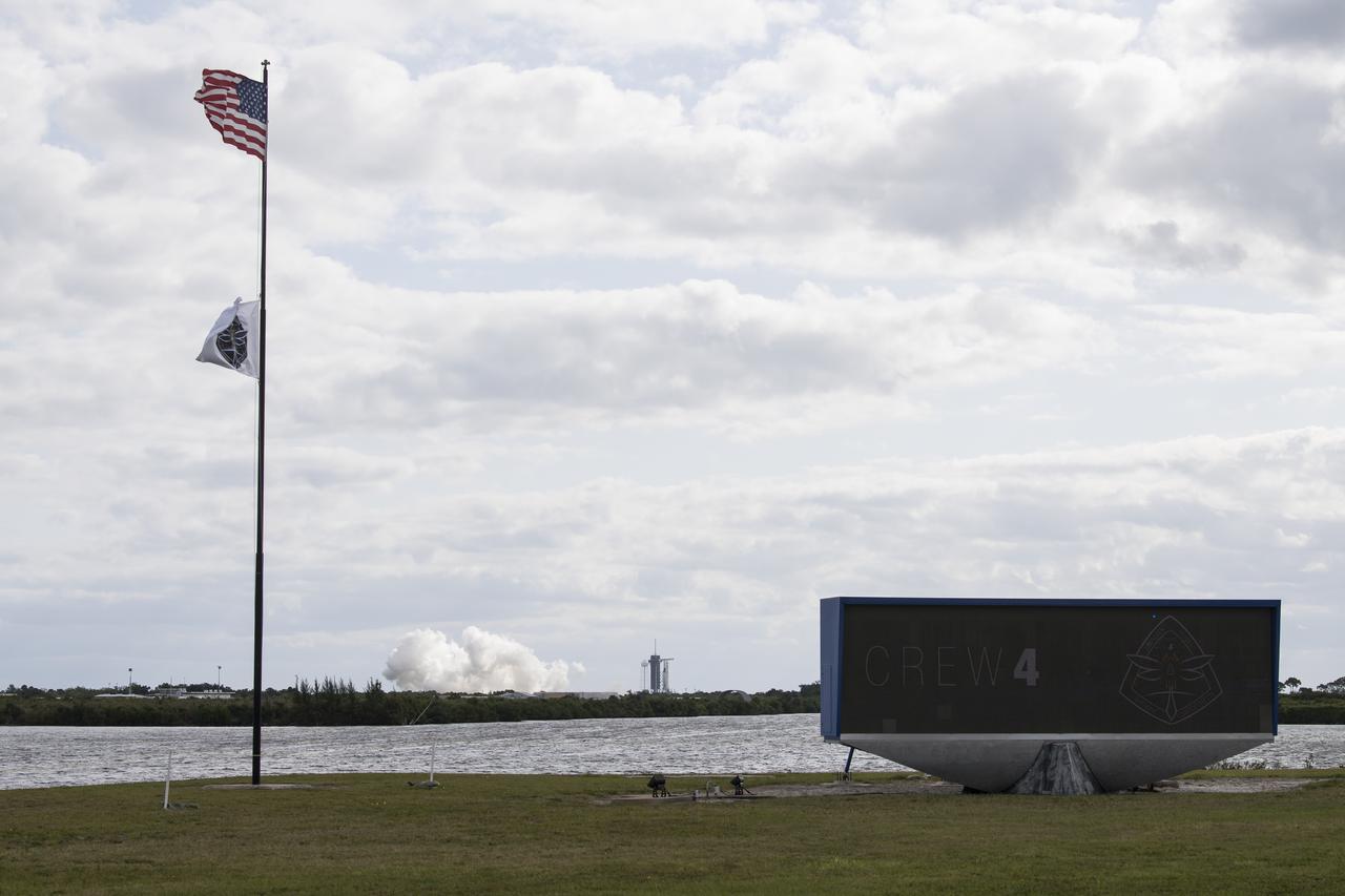 A SpaceX Falcon 9 rocket with the company's Crew Dragon spacecraft onboard is seen on the launch pad at Launch Complex 39A during a brief static fire test ahead of NASA’s SpaceX Crew-4 mission, Wednesday, April 20, 2022, at NASA’s Kennedy Space Center in Florida. NASA’s SpaceX Crew-4 mission is the fourth crew rotation mission of the SpaceX Crew Dragon spacecraft and Falcon 9 rocket to the International Space Station as part of the agency’s Commercial Crew Program. NASA astronauts Kjell Lindgren, Robert Hines, Jessica Watkins, and ESA (European Space Agency) astronaut Samantha Cristoforetti are scheduled to launch on April 23 at 5:26 a.m. EDT, from Launch Complex 39A at the Kennedy Space Center. Photo Credit: (NASA/Aubrey Gemignani)