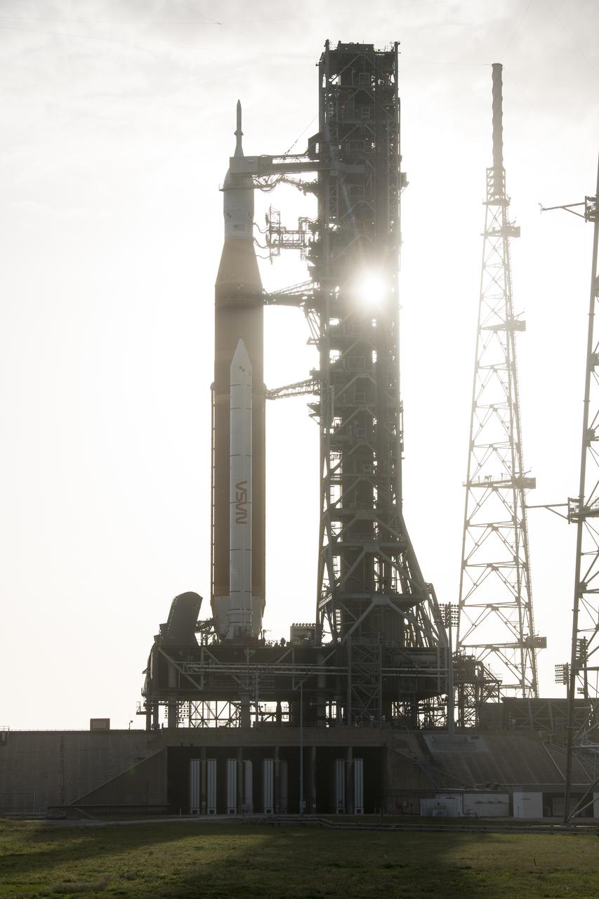 NASA’s Space Launch System (SLS) rocket with the Orion spacecraft aboard is seen atop a mobile launcher at Launch Complex 39B, Thursday, April 21, 2022, at NASA’s Kennedy Space Center in Florida. Photo Credit: (NASA/Aubrey Gemignani)