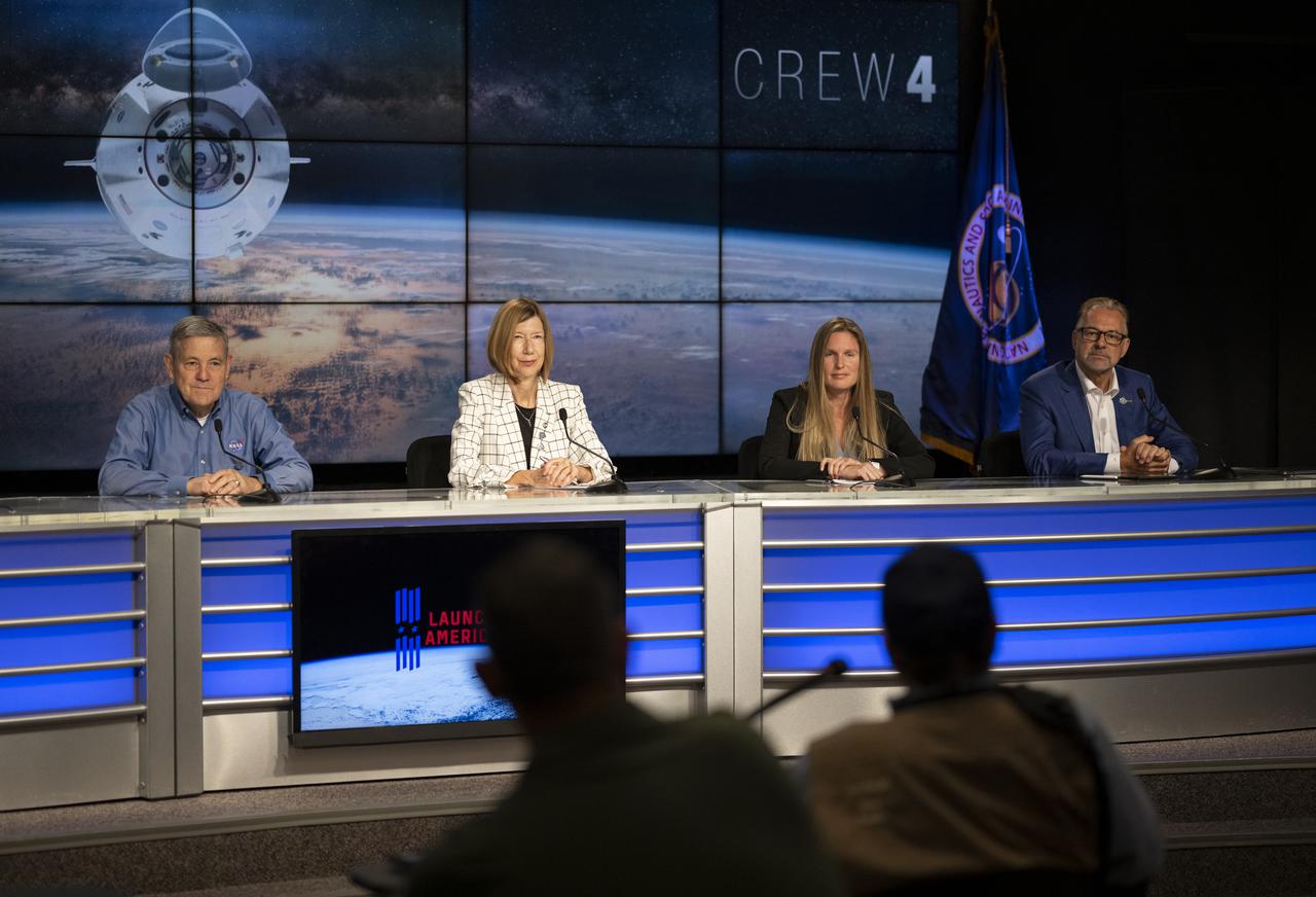 Bob Cabana, NASA associate administrator, left, Kathy Lueders, associate administrator for NASA's Space Operations Mission Directorate, second from left, Heidi Parris, associate program scientist for the International Space Station Program at NASA’s Johnson Space Center, second from right, and Josef Aschbacher, Director General of ESA (European Space Agency), right, listen to a questions from a member of the media during a press conference ahead of the Crew-4 launch, Tuesday, April 26, 2022, at NASA’s Kennedy Space Center in Florida. NASA’s SpaceX Crew-4 mission is the fourth crew rotation mission of the SpaceX Crew Dragon spacecraft and Falcon 9 rocket to the International Space Station as part of the agency’s Commercial Crew Program. NASA astronauts Kjell Lindgren, Robert Hines, Jessica Watkins, and ESA (European Space Agency) astronaut Samantha Cristoforetti are scheduled to launch at 3:52 a.m. ET on April 27 from Launch Complex 39A at the Kennedy Space Center.  Photo Credit: (NASA/Joel Kowsky)
