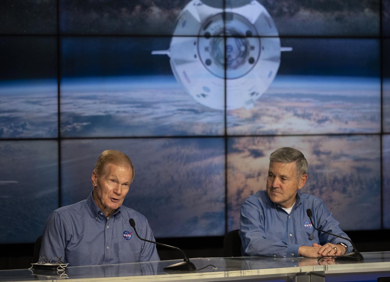 NASA Administrator Bill Nelson, left, and Bob Cabana, NASA associate administrator, right, speak to members of the media during a press conference ahead of the Crew-4 launch, Tuesday, April 26, 2022, at NASA’s Kennedy Space Center in Florida. NASA’s SpaceX Crew-4 mission is the fourth crew rotation mission of the SpaceX Crew Dragon spacecraft and Falcon 9 rocket to the International Space Station as part of the agency’s Commercial Crew Program. NASA astronauts Kjell Lindgren, Robert Hines, Jessica Watkins, and ESA (European Space Agency) astronaut Samantha Cristoforetti are scheduled to launch at 3:52 a.m. ET on April 27 from Launch Complex 39A at the Kennedy Space Center.  Photo Credit: (NASA/Joel Kowsky)