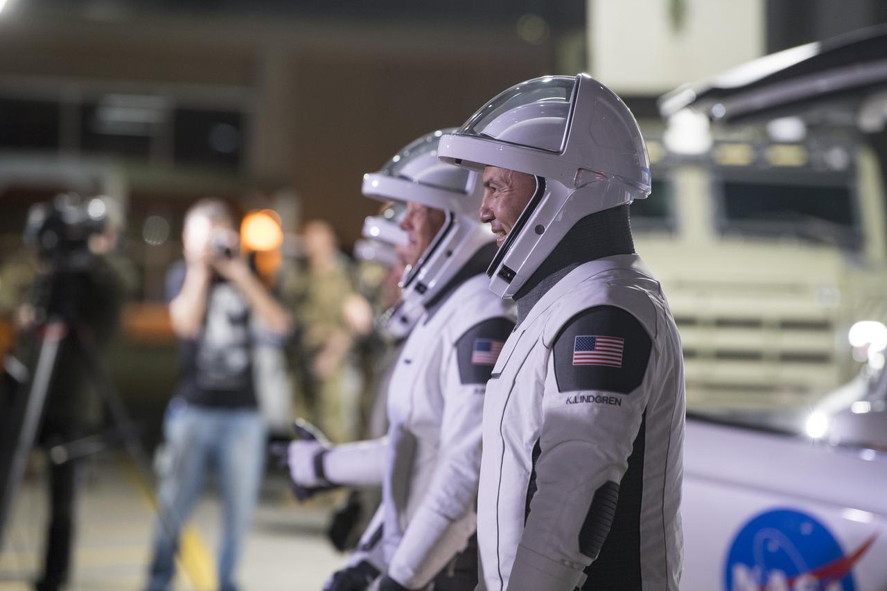 From right to left, NASA astronauts Kjell Lindgren, Robert Hines, Jessica Watkins, and ESA (European Space Agency) astronaut Samantha Cristoforetti, wearing SpaceX spacesuits, are seen as they prepare to depart the Neil  A. Armstrong Operations and Checkout Building for Launch Complex 39A to board the SpaceX Crew Dragon spacecraft for the Crew-4 mission launch, Tuesday, April 26, 2022, at NASA’s Kennedy Space Center in Florida. NASA’s SpaceX Crew-4 mission is the fourth crew rotation mission of the SpaceX Crew Dragon spacecraft and Falcon 9 rocket to the International Space Station as part of the agency’s Commercial Crew Program. Lindgren, Hines, Watkins, and Cristoforetti are scheduled to launch at 3:52 a.m. ET on April 27, from Launch Complex 39A at the Kennedy Space Center.  Photo Credit: (NASA/Aubrey Gemignani)
