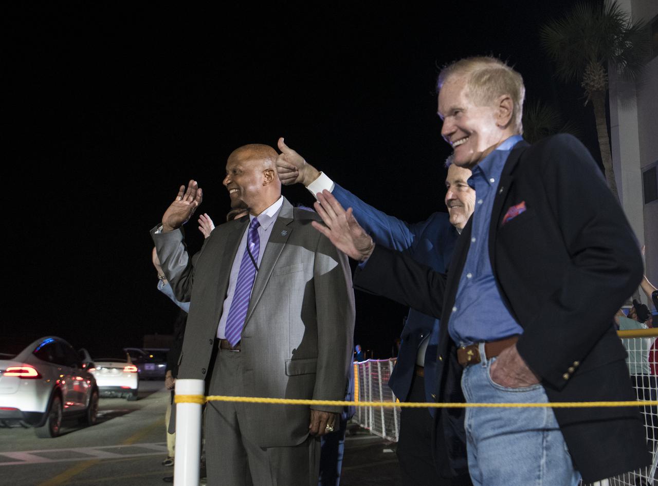 Kennedy Space Center deputy director Kelvin Manning, left, NASA Associate Administrator Bob Cabana, center, and NASA Administrator Bill Nelson are seen as NASA astronauts Kjell Lindgren, Robert Hines, Jessica Watkins, and ESA (European Space Agency) astronaut Samantha Cristoforetti, depart the Neil  A. Armstrong Operations and Checkout Building for Launch Complex 39A to board the SpaceX Crew Dragon spacecraft for the Crew-4 mission launch, Wednesday, April 27, 2022, at NASA’s Kennedy Space Center in Florida. NASA’s SpaceX Crew-4 mission is the fourth crew rotation mission of the SpaceX Crew Dragon spacecraft and Falcon 9 rocket to the International Space Station as part of the agency’s Commercial Crew Program. NASA astronauts Kjell Lindgren, Robert Hines, Jessica Watkins, and ESA (European Space Agency) astronaut Samantha Cristoforetti are scheduled to launch at 3:52 a.m. ET on April 27, from Launch Complex 39A at the Kennedy Space Center. Photo Credit: (NASA/Aubrey Gemignani)