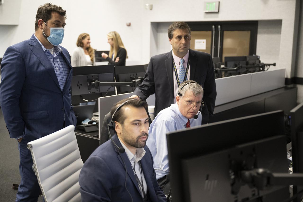 Scott Ede, mission manager for mission management and integration in NASA's Commercial Crew Program, left, Kyle Stewart, SpaceX Mission Manager, second from left, Steve Stich, manager of NASA’s Commercial Crew Program, second from right, and NASA International Space Station program manger Joel Montalbano, right monitor the countdown of the launch of a SpaceX Falcon 9 rocket carrying the company's Crew Dragon spacecraft on NASA’s SpaceX Crew-4 mission with NASA astronauts Kjell Lindgren, Robert Hines, Jessica Watkins, and ESA (European Space Agency) astronaut Samantha Cristoforetti onboard, Wednesday, April 27, 2022, in firing room four of the Rocco A. Petrone Launch Control Center at NASA’s Kennedy Space Center in Florida. NASA’s SpaceX Crew-4 mission is the fourth crew rotation mission of the SpaceX Crew Dragon spacecraft and Falcon 9 rocket to the International Space Station as part of the agency’s Commercial Crew Program. Lindgren, Hines, Watkins, and Cristoforetti launched at at 3:52 a.m. ET, from Launch Complex 39A at the Kennedy Space Center. Photo Credit: (NASA/Joel Kowsky)