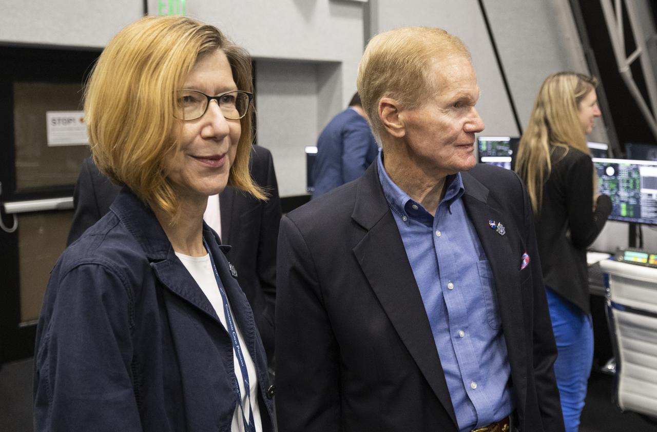 NASA Administrator Bill Nelson, right, and Kathy Lueders, associate administrator for NASA's Space Operations Mission Directorate, left, are seen following the launch of a SpaceX Falcon 9 rocket carrying the company's Crew Dragon spacecraft on the Crew-4 mission with NASA astronauts Kjell Lindgren, Robert Hines, Jessica Watkins, and ESA (European Space Agency) astronaut Samantha Cristoforetti onboard, Wednesday, April 27, 2022, in firing room four of the Launch Control Center at NASA’s Kennedy Space Center in Florida. NASA’s SpaceX Crew-4 mission is the fourth crew rotation mission of the SpaceX Crew Dragon spacecraft and Falcon 9 rocket to the International Space Station as part of the agency’s Commercial Crew Program. Lindgren, Hines, Watkins, and Cristoforetti launched at 3:52 a.m. ET, from Launch Complex 39A at the Kennedy Space Center to begin a six month mission onboard the International Space Station. Photo Credit: (NASA/Joel Kowsky)