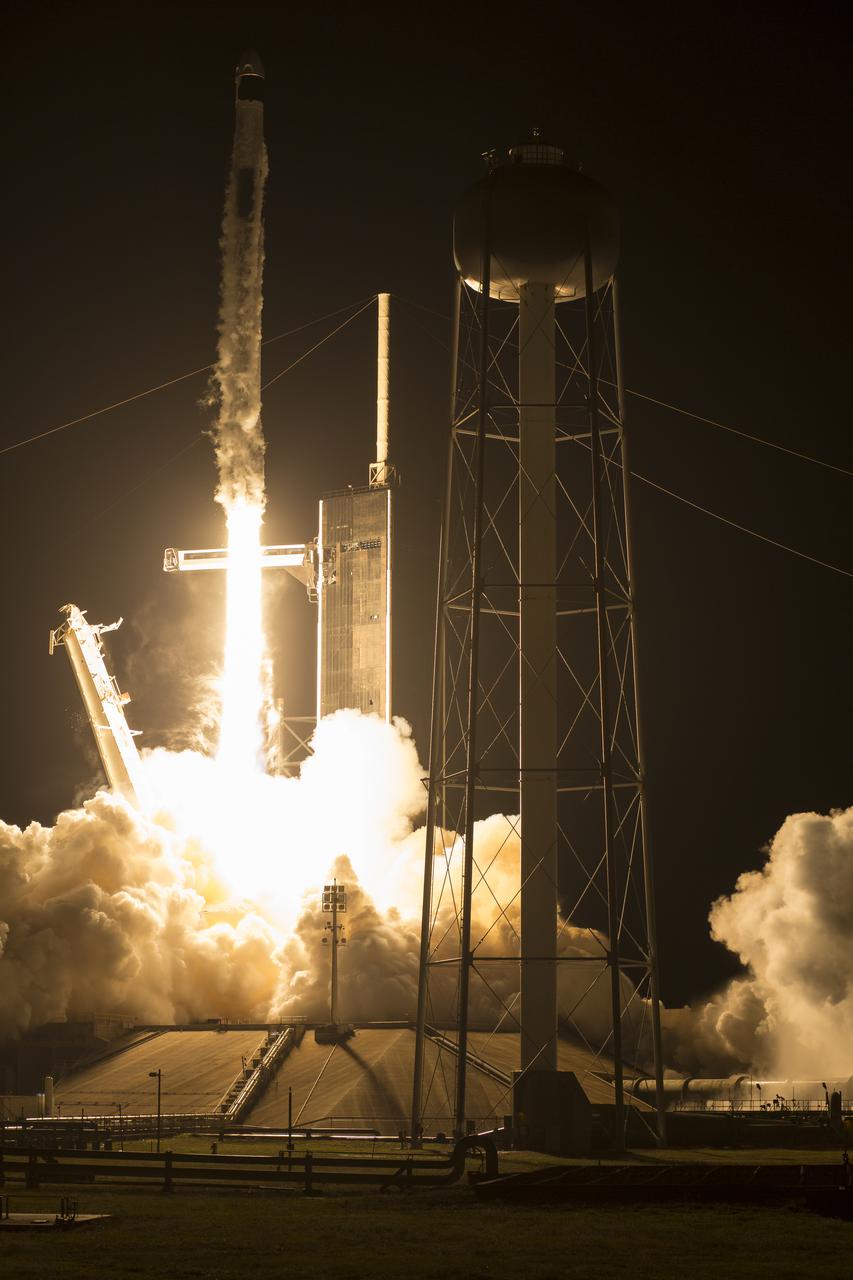 A SpaceX Falcon 9 rocket carrying the company's Crew Dragon spacecraft is launched on NASA’s SpaceX Crew-4 mission to the International Space Station with NASA astronauts Kjell Lindgren, Robert Hines, Jessica Watkins, and ESA (European Space Agency) astronaut Samantha Cristoforetti onboard, Wednesday, April 27, 2022, at NASA’s Kennedy Space Center in Florida. NASA’s SpaceX Crew-4 mission is the fourth crew rotation mission of the SpaceX Crew Dragon spacecraft and Falcon 9 rocket to the International Space Station as part of the agency’s Commercial Crew Program. Lindgren, Hines, Watkins, and Cristoforetti launched at 3:52 a.m. ET from Launch Complex 39A at the Kennedy Space Center to begin a six month mission onboard the orbital outpost. Photo Credit: (NASA/Aubrey Gemignani)