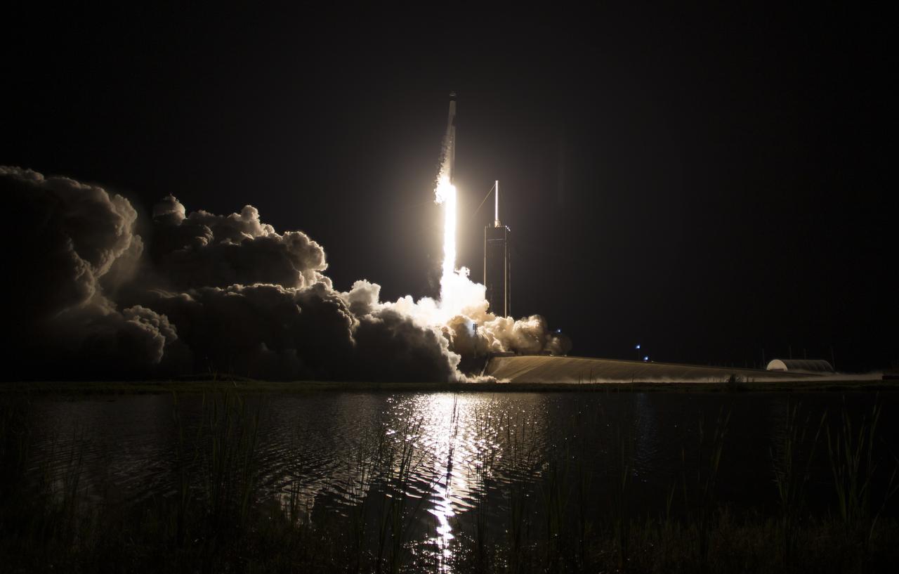A SpaceX Falcon 9 rocket carrying the company's Crew Dragon spacecraft is launched on NASA’s SpaceX Crew-4 mission to the International Space Station with NASA astronauts Kjell Lindgren, Robert Hines, Jessica Watkins, and ESA (European Space Agency) astronaut Samantha Cristoforetti onboard, Wednesday, April 27, 2022, at NASA’s Kennedy Space Center in Florida. NASA’s SpaceX Crew-4 mission is the fourth crew rotation mission of the SpaceX Crew Dragon spacecraft and Falcon 9 rocket to the International Space Station as part of the agency’s Commercial Crew Program. Lindgren, Hines, Watkins, and Cristoforetti launched at 3:52 a.m. ET from Launch Complex 39A at the Kennedy Space Center to begin a six month mission onboard the orbital outpost. Photo Credit: (NASA/Aubrey Gemignani)