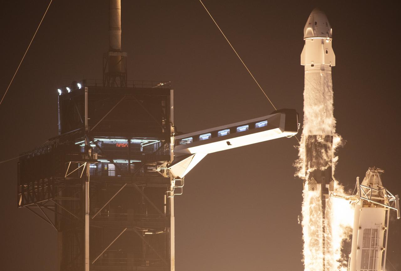 A SpaceX Falcon 9 rocket carrying the company's Crew Dragon spacecraft is launched on NASA’s SpaceX Crew-4 mission to the International Space Station with NASA astronauts Kjell Lindgren, Robert Hines, Jessica Watkins, and ESA (European Space Agency) astronaut Samantha Cristoforetti onboard, Wednesday, April 27, 2022, at NASA’s Kennedy Space Center in Florida. NASA’s SpaceX Crew-4 mission is the fourth crew rotation mission of the SpaceX Crew Dragon spacecraft and Falcon 9 rocket to the International Space Station as part of the agency’s Commercial Crew Program. Lindgren, Hines, Watkins, and Cristoforetti launched at 3:52 a.m. ET from Launch Complex 39A at the Kennedy Space Center to begin a six month mission onboard the orbital outpost. Photo Credit: (NASA/Joel Kowsky)