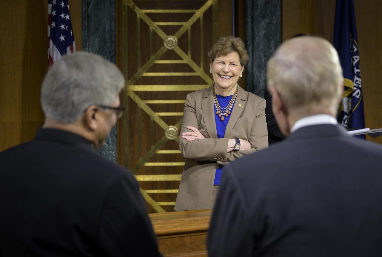 Senator Jeanne Shaheen, D-N.H., Chair Senate Appropriations’ Commerce, Justice, Science, and Related Agencies subcommittee talks with National Science Foundation Director Sethuraman Panchanathan, left, and NASA Administrator Bill Nelson prior to a hearing, Tuesday, May 3, 2022, at the Dirksen Senate Office Building in Washington. Photo Credit: (NASA/Bill Ingalls)