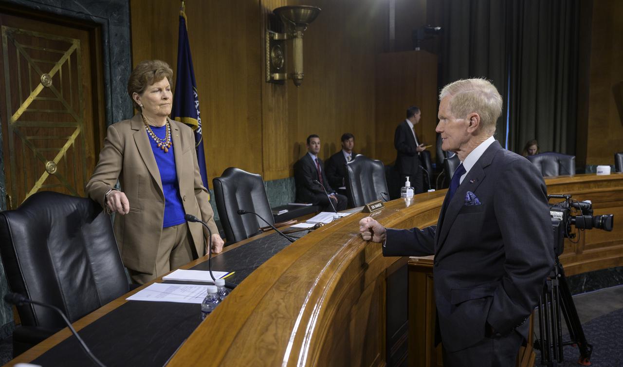 Senator Jeanne Shaheen, D-N.H., Chair Senate Appropriations’ Commerce, Justice, Science, and Related Agencies subcommittee talks with NASA Administrator Bill Nelson prior to a hearing, Tuesday, May 3, 2022, at the Dirksen Senate Office Building in Washington. Photo Credit: (NASA/Bill Ingalls)