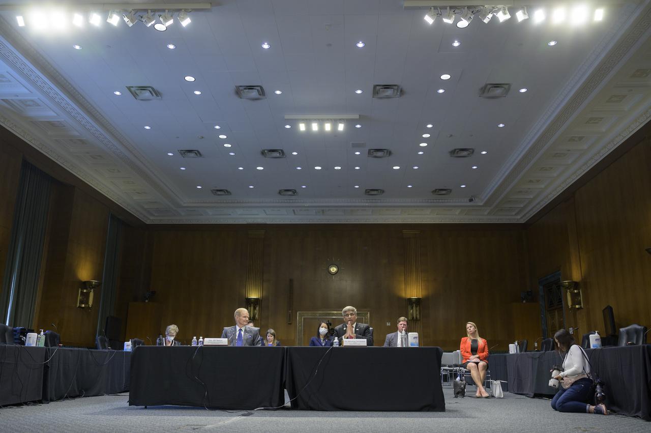 NASA Administrator Bill Nelson, left, and National Science Foundation Director Sethuraman Panchanathan, testify before the Senate Appropriations’ Commerce, Justice, Science, and Related Agencies subcommittee during a budget hearing, Tuesday, May 3, 2022, at the Dirksen Senate Office Building in Washington. Photo Credit: (NASA/Bill Ingalls)