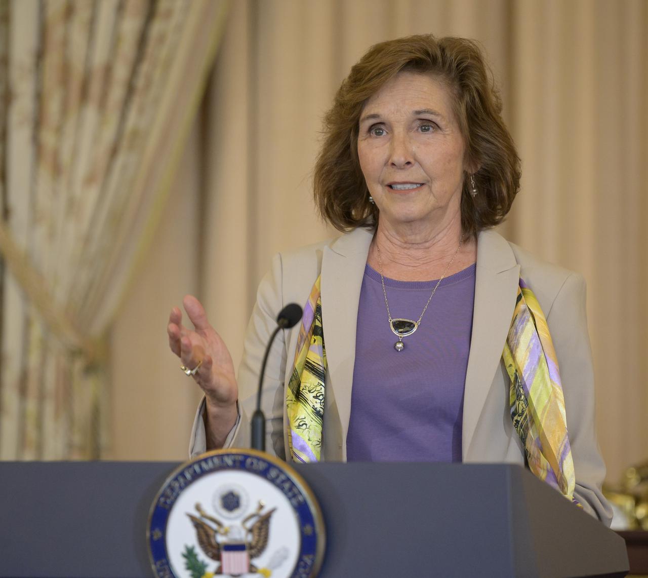 World Food Prize President, Barbara Stinson gives remarks during an event at the U.S Department of State where it was announced that Cynthia Rosenzweig, a senior research scientist and head of the Climate Impacts Group at NASA’s Goddard Institute for Space Studies (GISS) in New York City, was awarded the 2022 World Food Prize from the World Food Prize Foundation, Thursday, May 5, 2022, at the Harry S. Truman Building in Washington. Photo Credit: (NASA/Bill Ingalls)